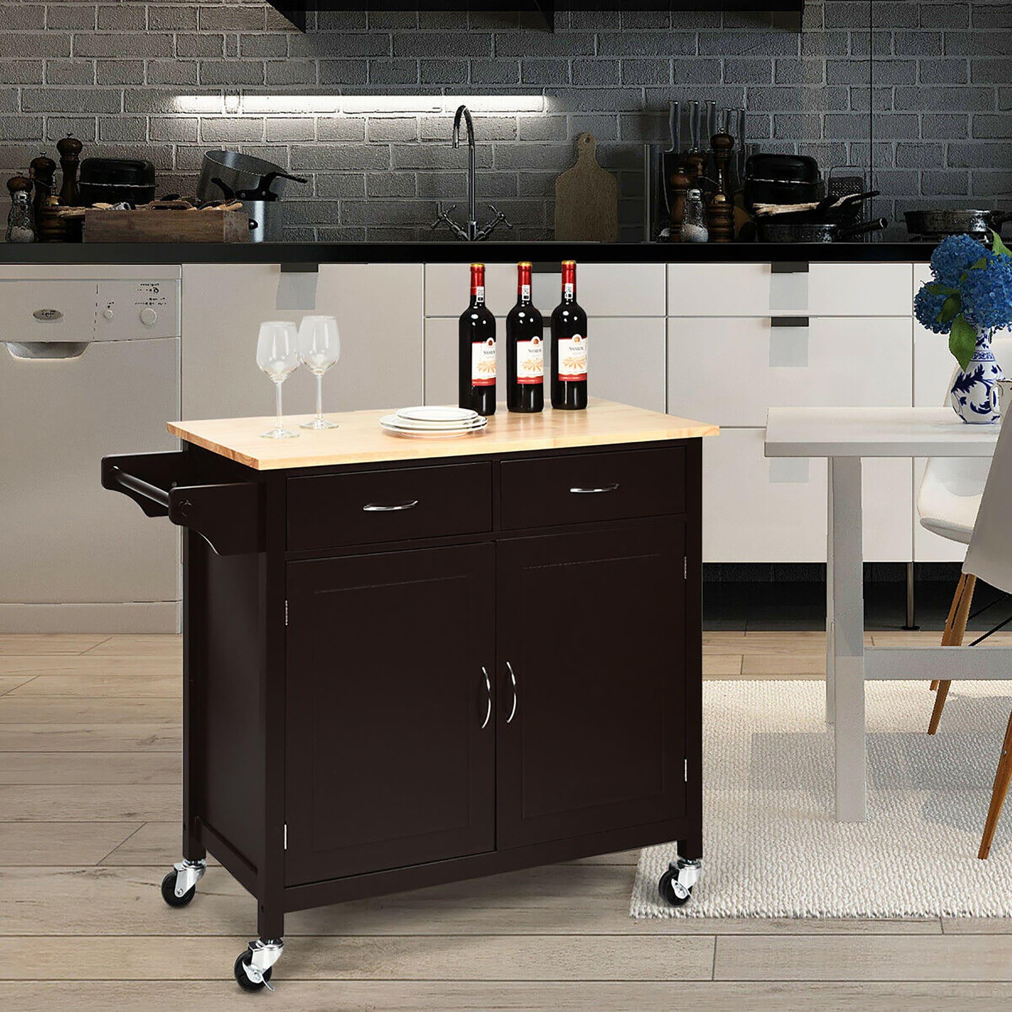 Costway Modern Rolling Kitchen Island Cart Wood Top Storage Trolley with Storage Drawers