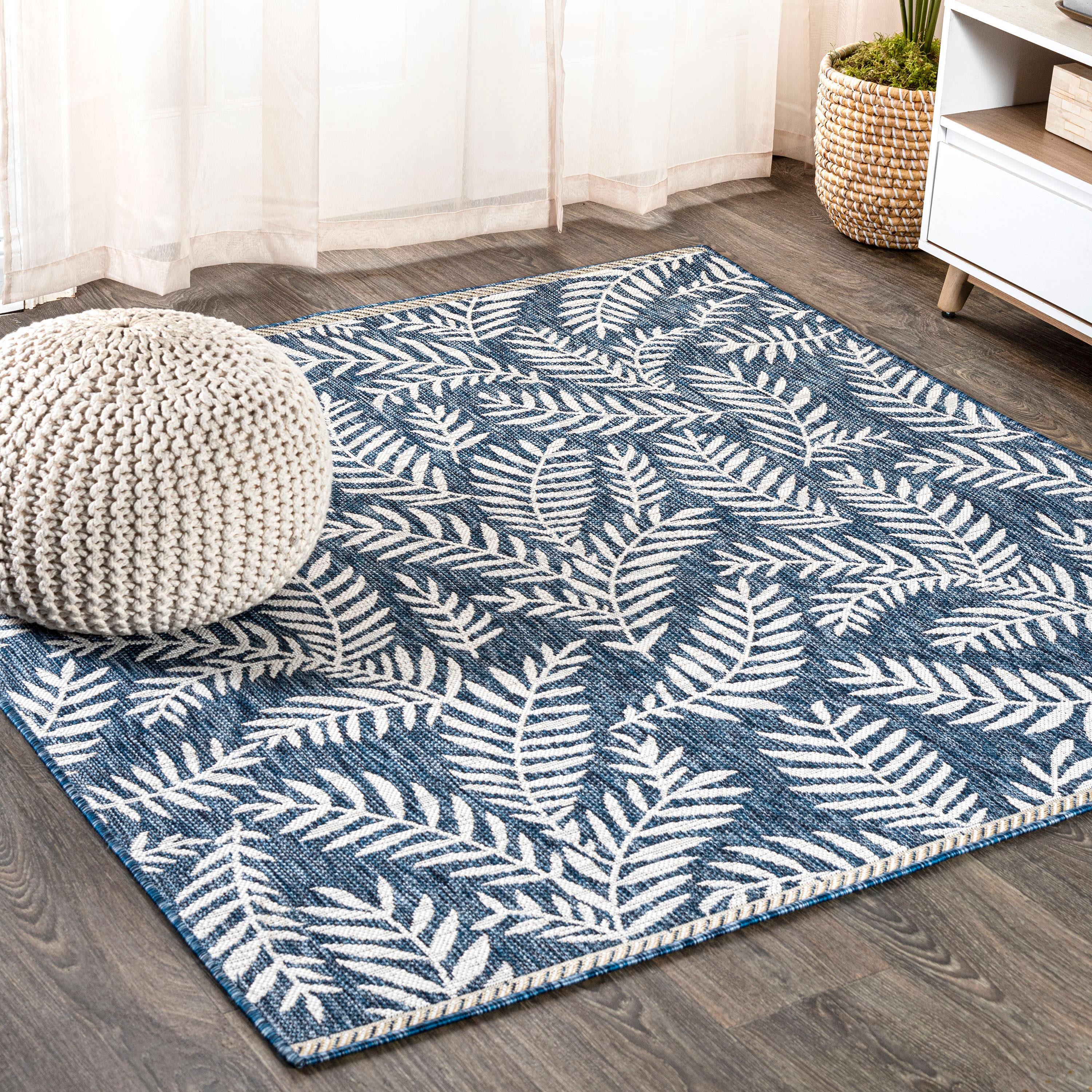 5' Square Nevis Palm Frond Indoor/Outdoor Area Rug, Navy/Ivory - JONATHAN Y