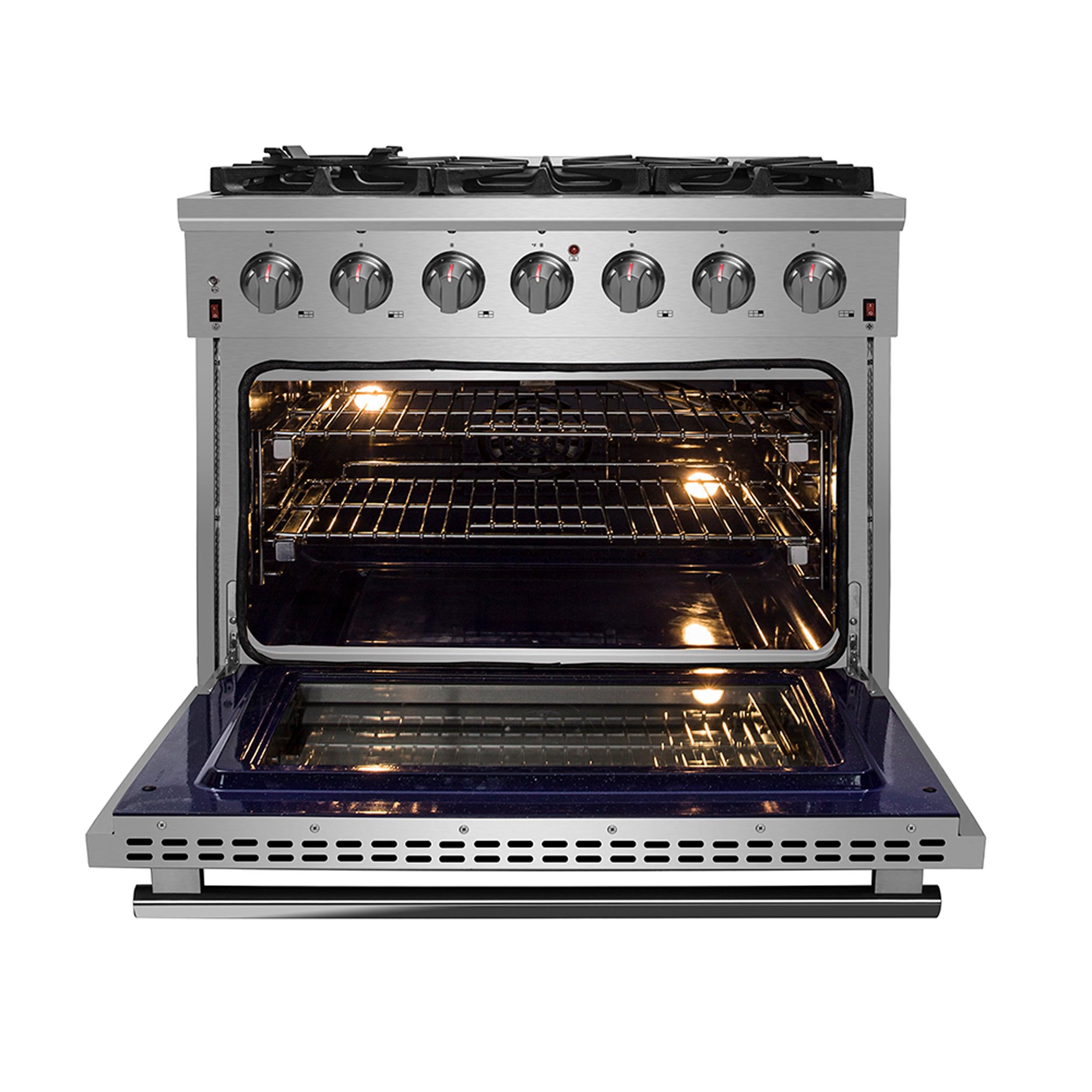 Massimo 36-inch Gas Range Stainless Steel, 6 burners, 83,000 BTU, 5.36 cu. ft., Air Fryer, Griddle