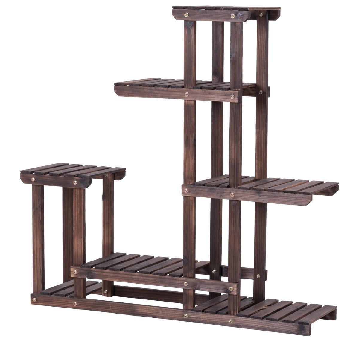 Costway Outdoor Wooden Plant Flower Display Stand 6 Wood Shelf Storage Rack Garden