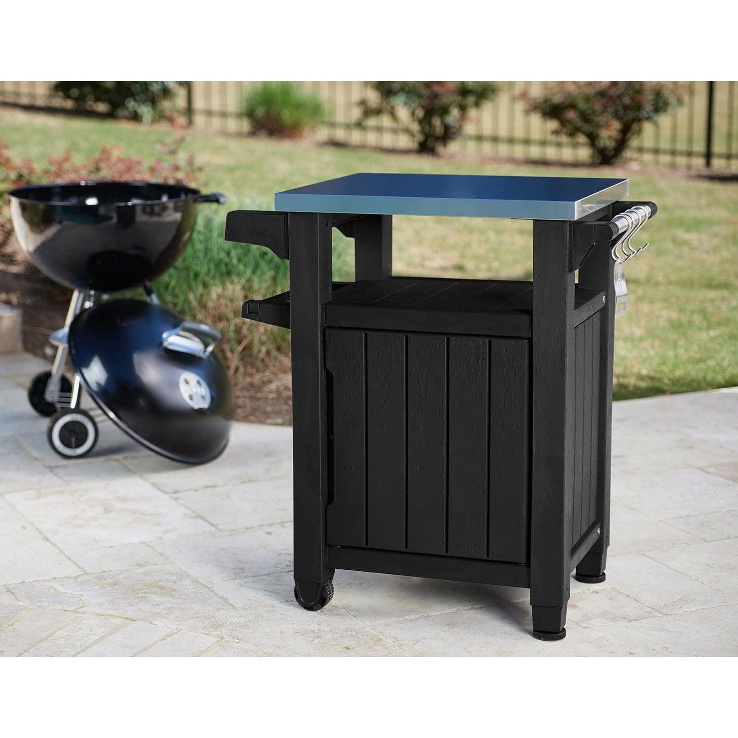 Keter Unity 40 Gal Patio Storage Grilling Bar Cart w/ Stainless Steel Top