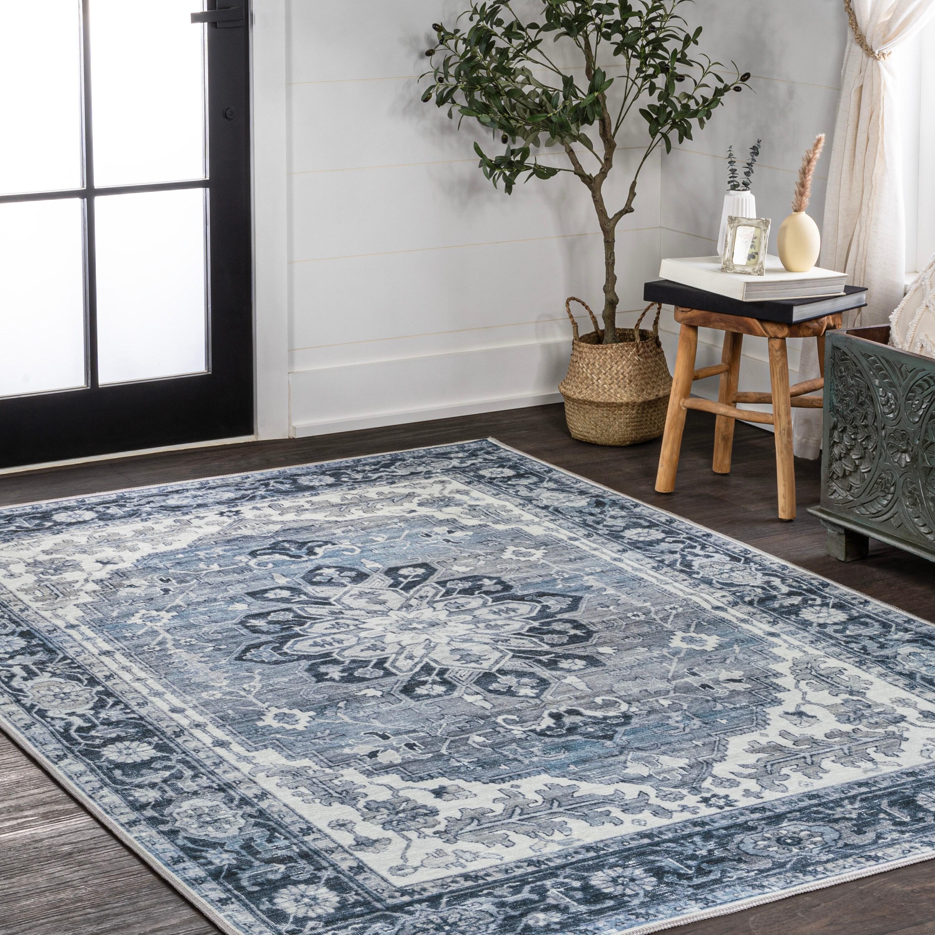 Asa Ornate Medallion Machine-Washable Blue/Cream 4 ft. x 6 ft. Area Rug - JONATHAN Y