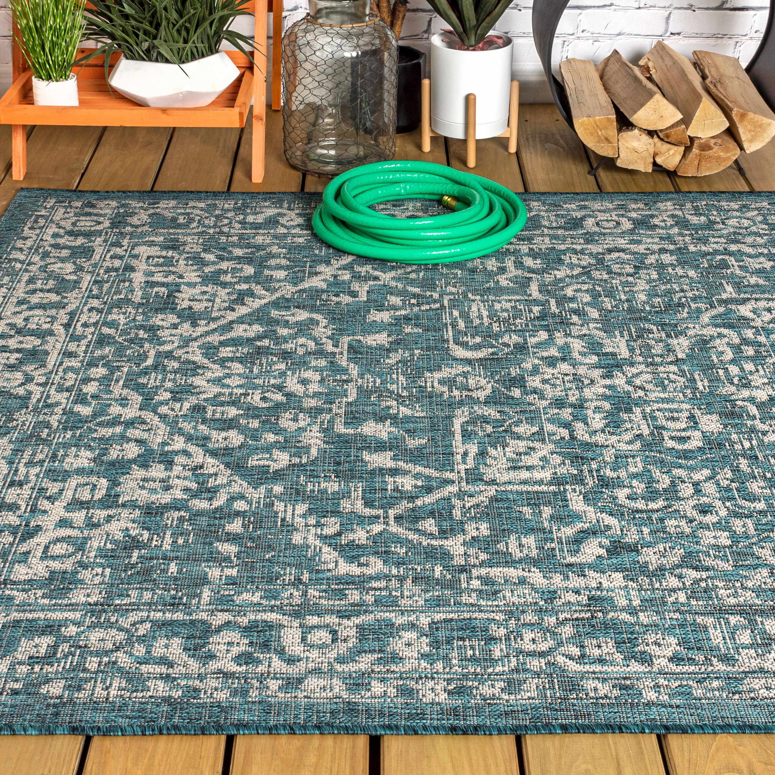 4'x6' Malta Bohemian Medallion Textured Weave Indoor/Outdoor Area Rug, Teal/Gray - JONATHAN Y