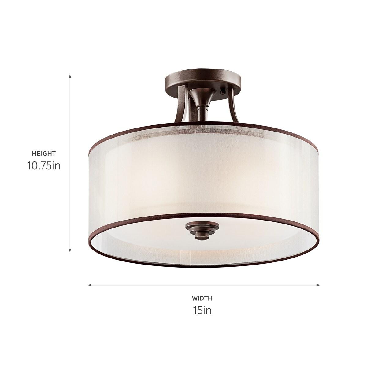 Lacey 15" 3 Light Semi Flush with Satin Etched Cased Opal Inner Diffusers and White Translucent Organza Outer Shade in Antique Pewter