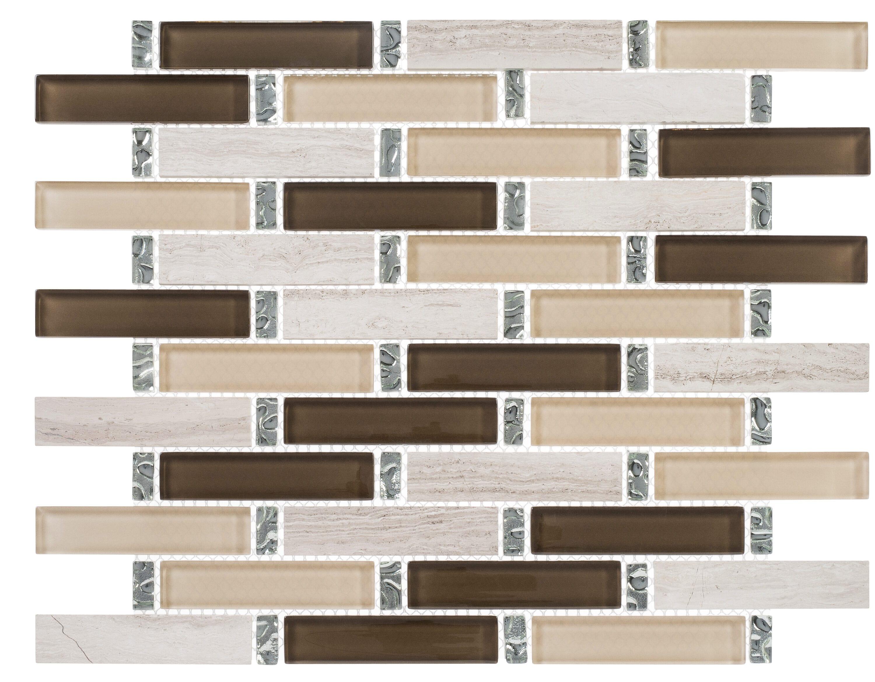 Saga 1" Glass and Marble Brick Joint Mosaic Kitchen Backsplash, Bathroom, Shower, Pool, Wall and Floor Tile