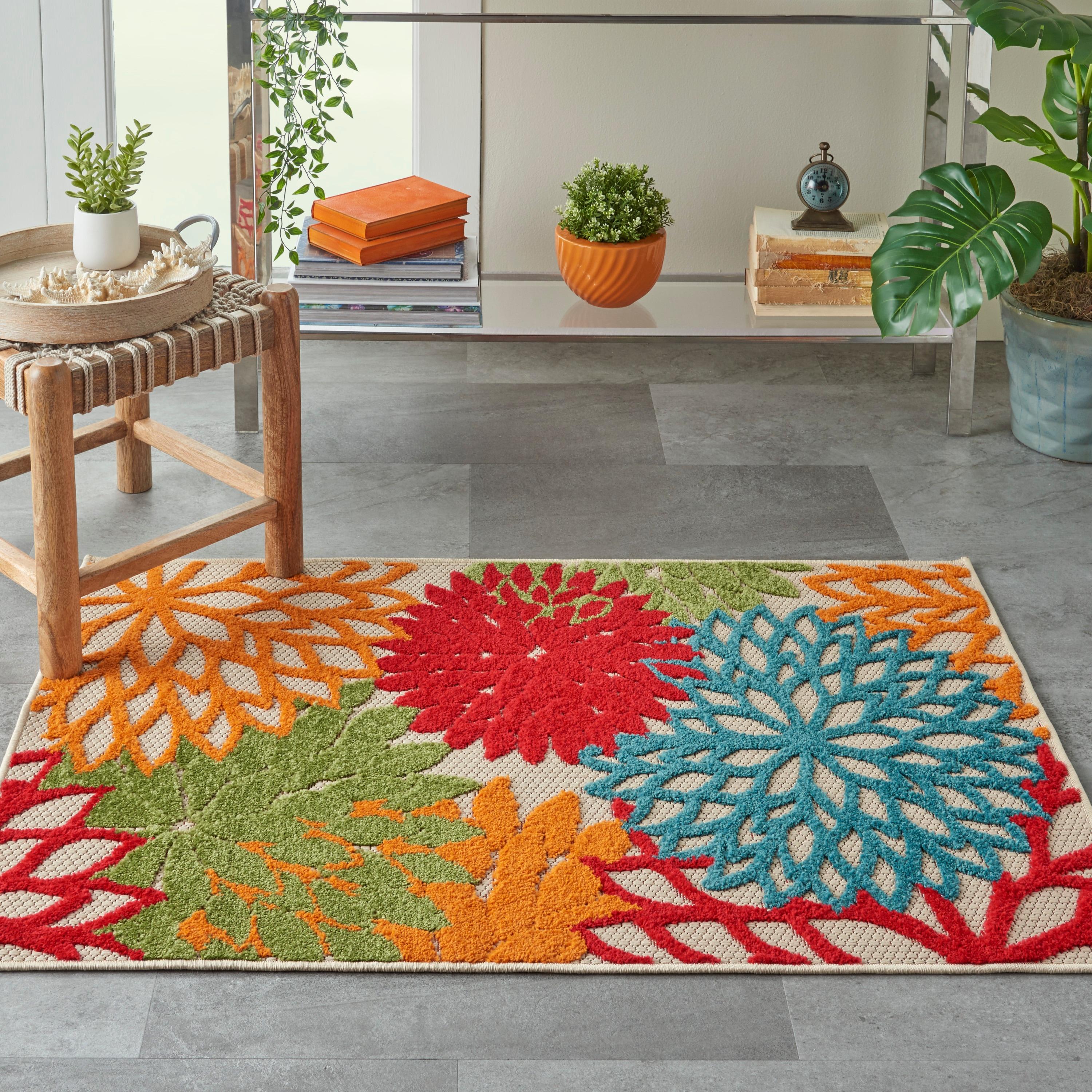 Nourison Aloha Floral Bloom Flatweave High-Low Indoor Outdoor Area Rug Green 2'8" x 4'