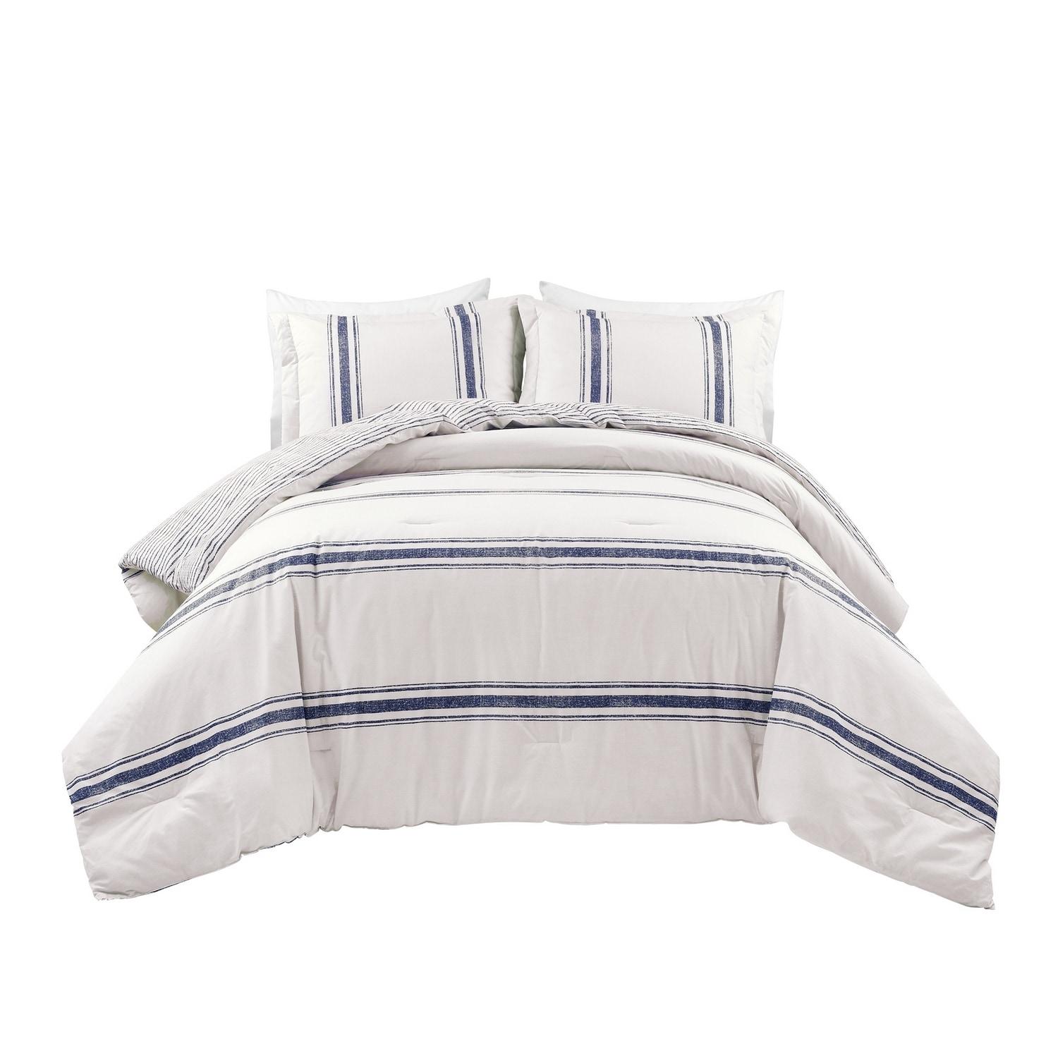 Lush Décor 3pc California King Farmhouse Stripe Reversible Oversized Comforter Set Navy Blue: Machine Washable, OEKO-TEX Certified