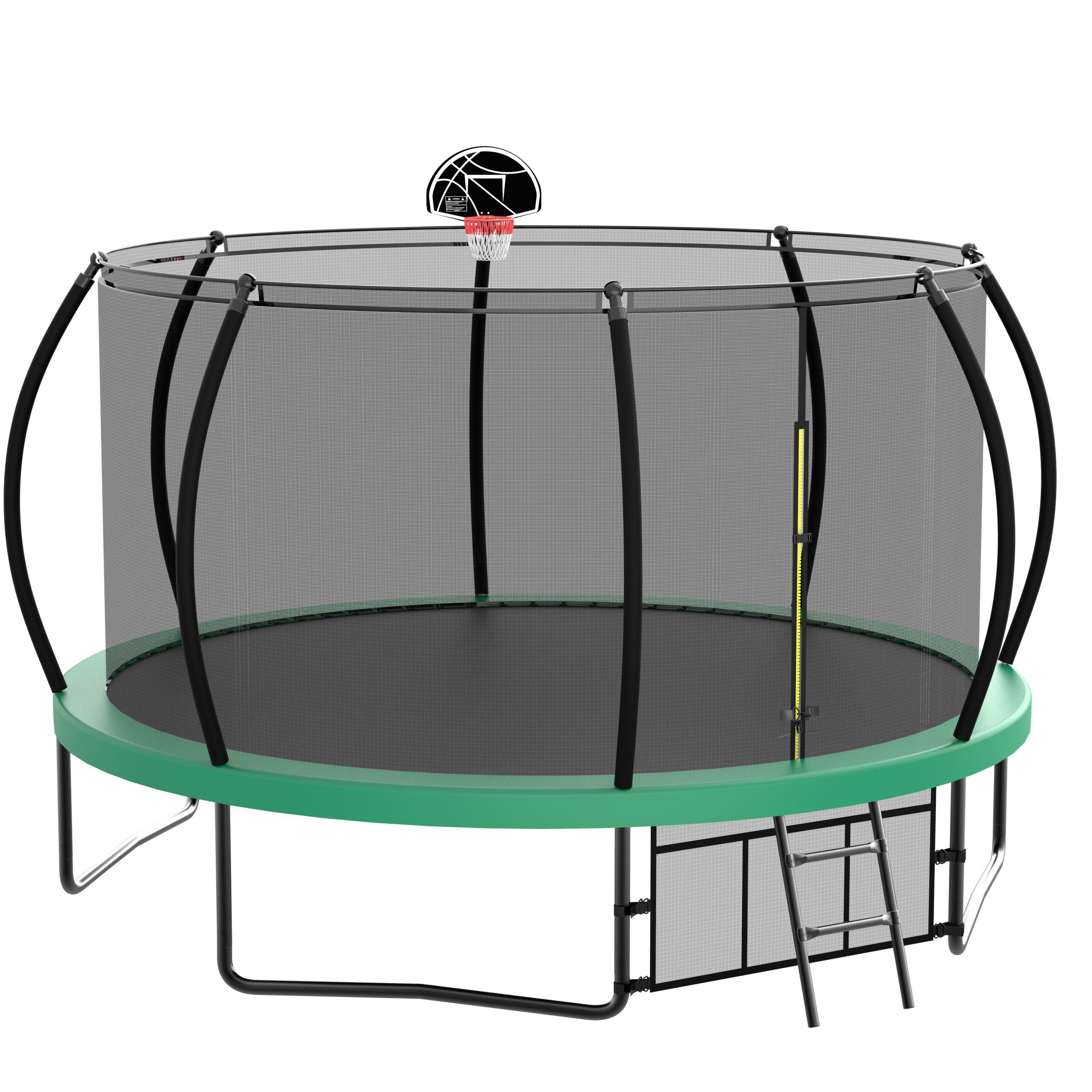12FT Round Trampoline with Basketball Hoop for Kids, Outdoor Recreational Trampolines with Safety Enclosure Net & Ladder, 880 LBS Weight Capacity, Green