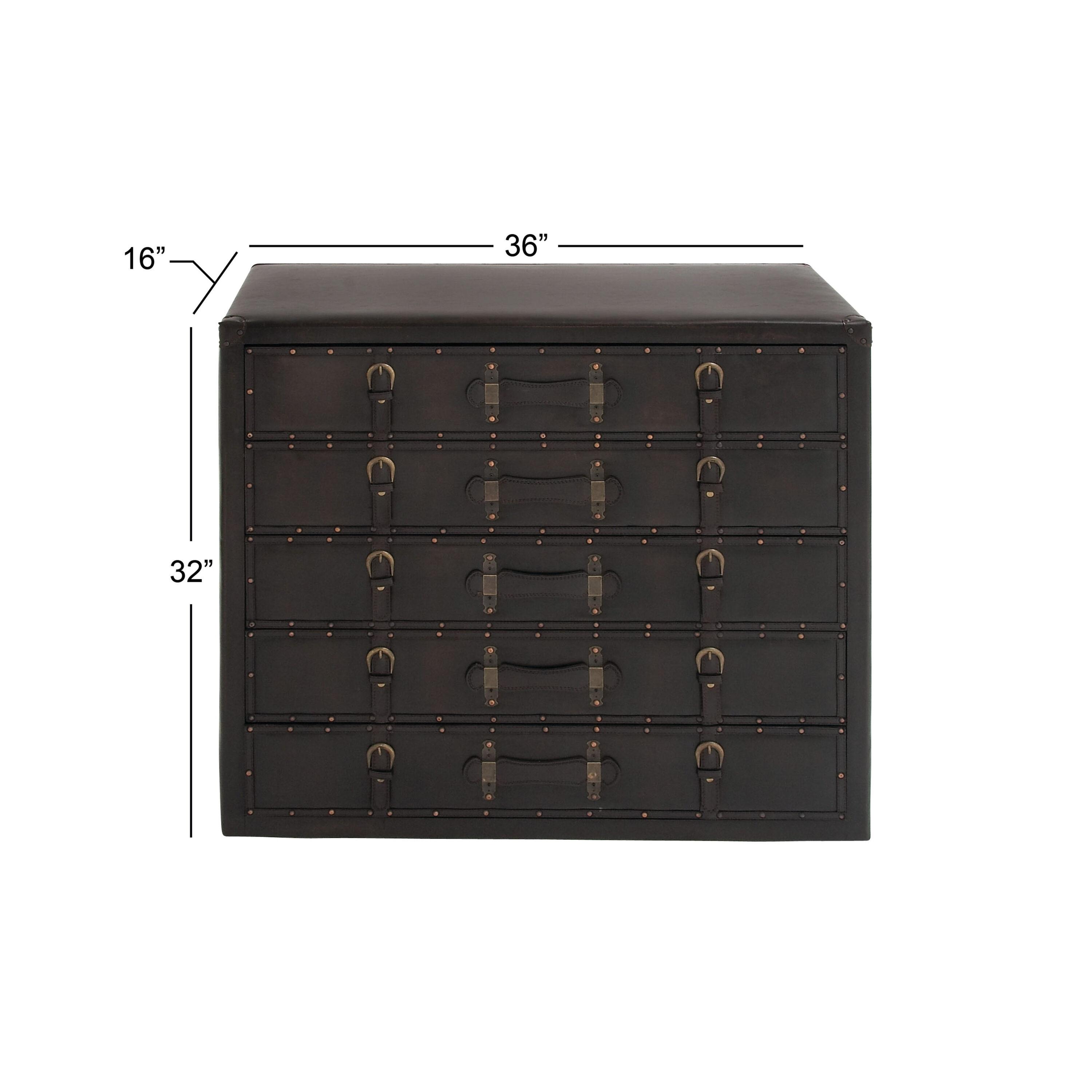 DecMode 36" x 32" Black Wood Vintage Faux Leather Chest with Buckles and Straps Detailing, 1-Piece