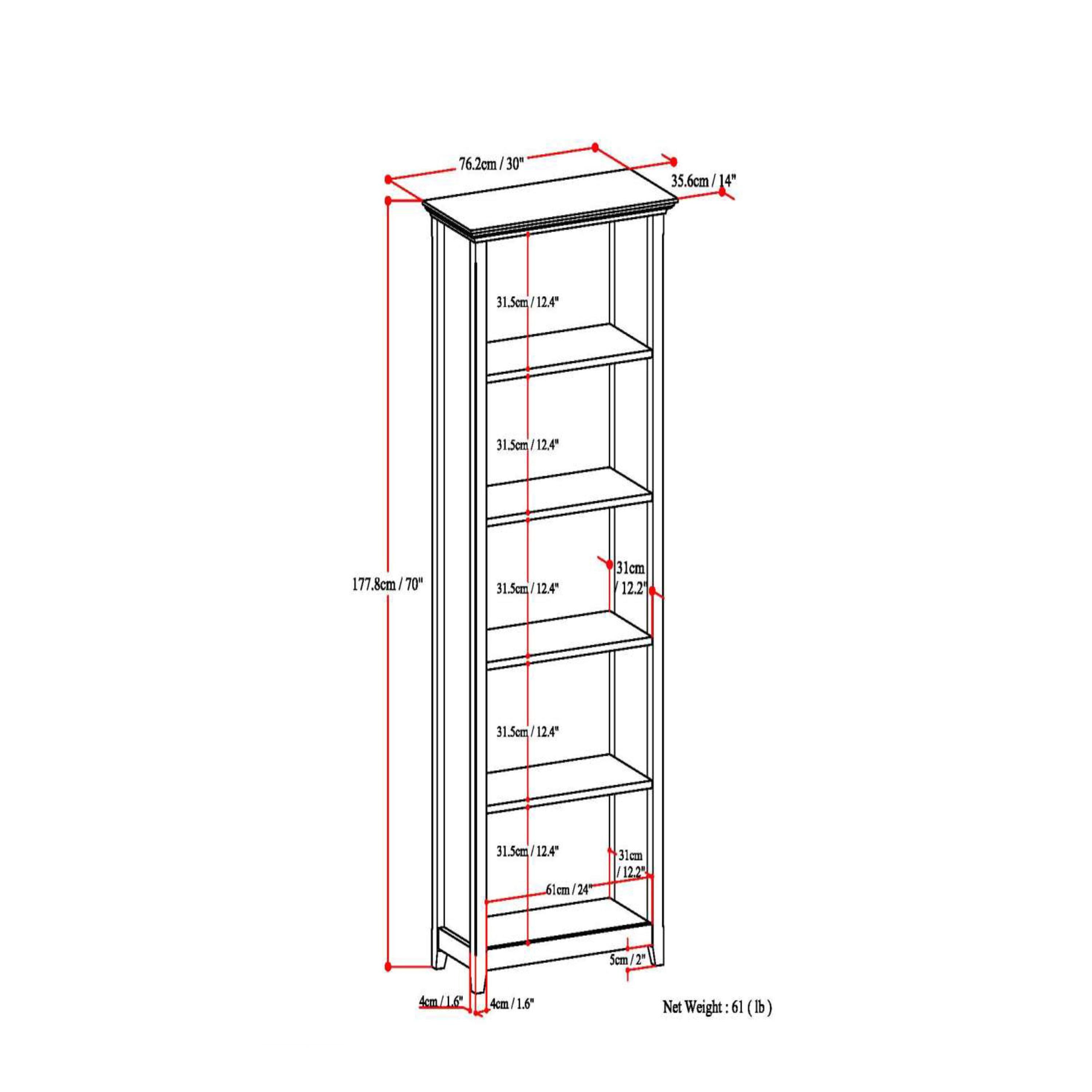 Simpli Home Amherst 30"W Solid Wood 5 Shelf Bookcase with Adjustable Shelves