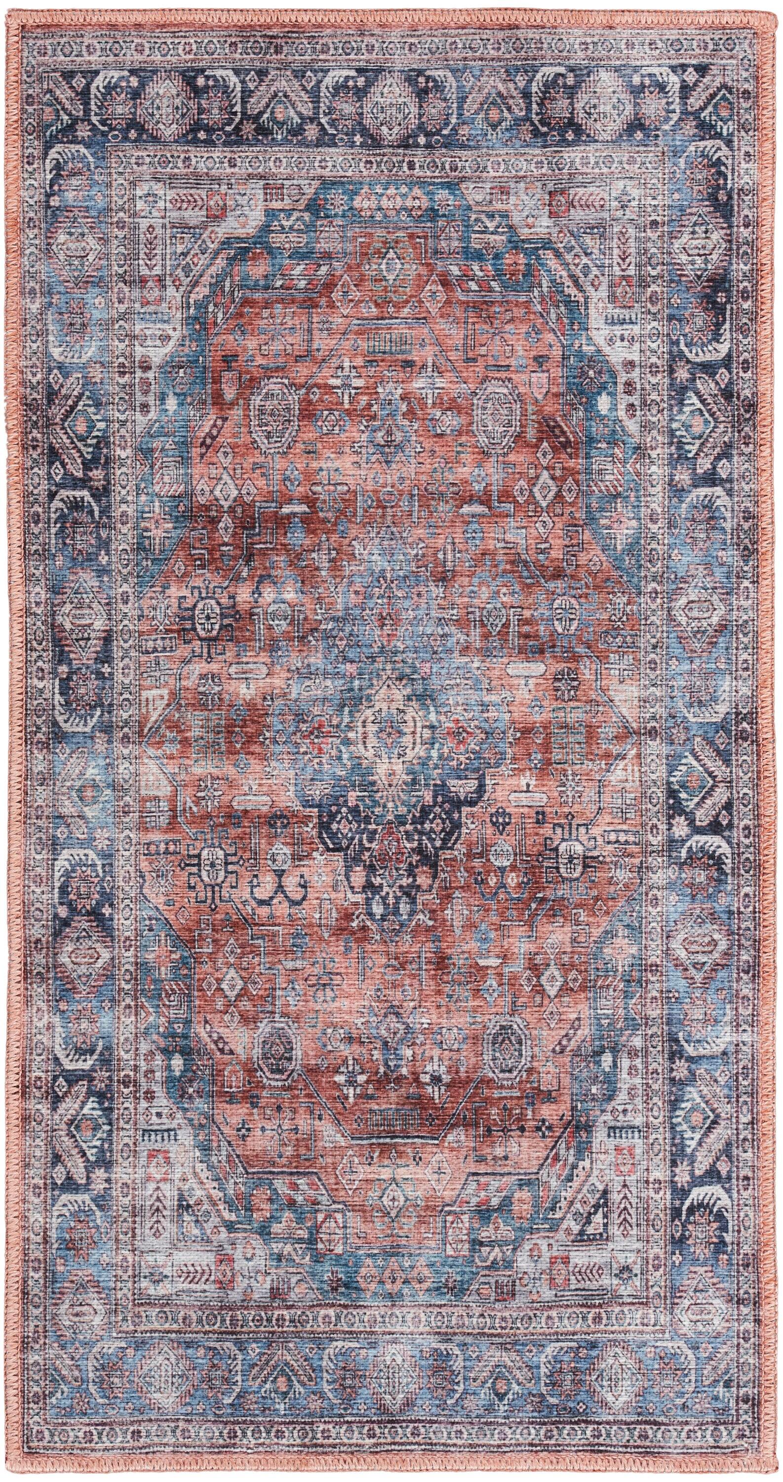 Nourison Washable Brilliance 2' x 4' Blue/Multi Vintage Indoor Bathroom, Kitchen Mat Rug