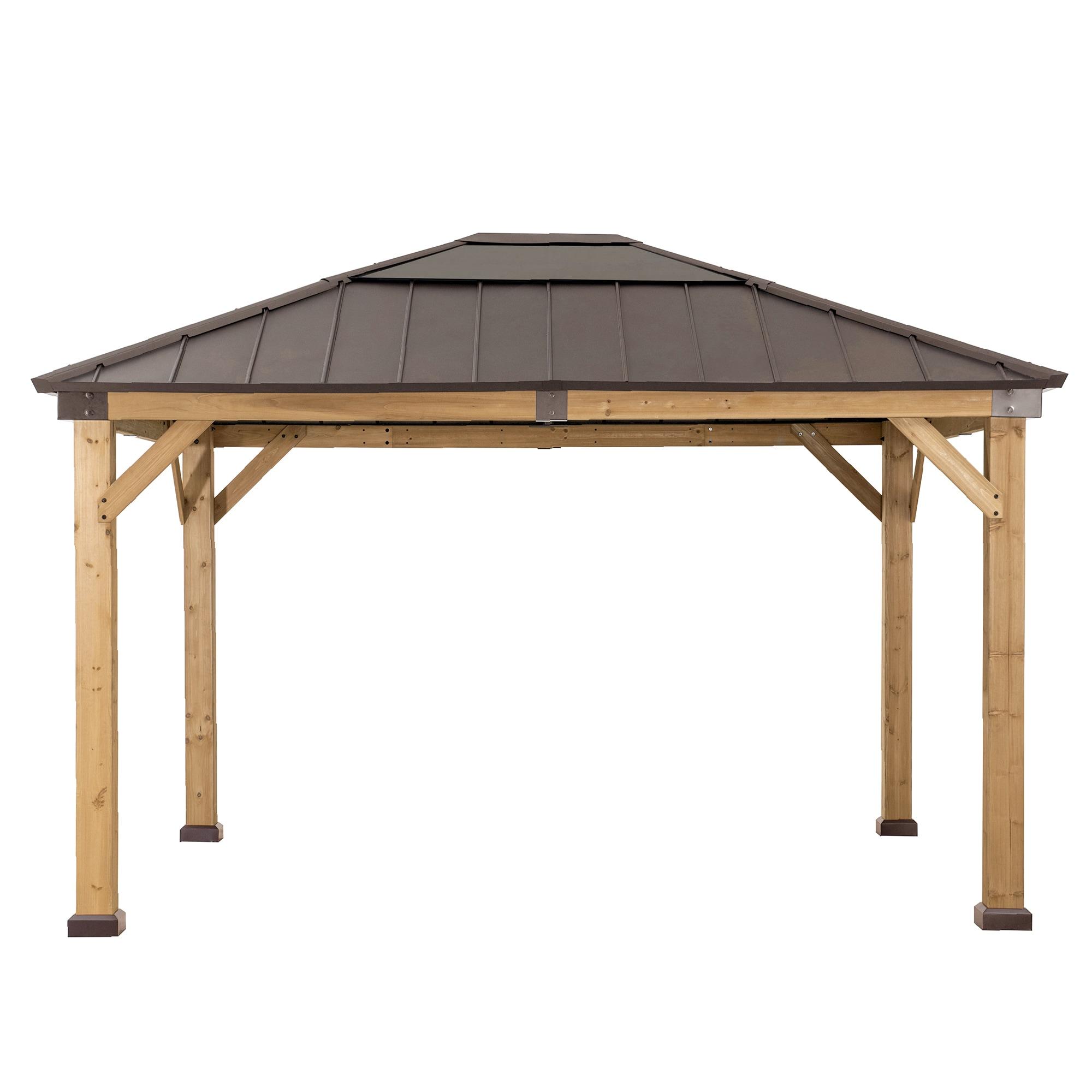 Sunjoy Hardtop Gazebo 11 x 13 ft. Upgrade Cedar Framed Wood Gazebos with Brown Steel and Polycarbonate Hip Roof Hardtop for Garden, Backyard Shade,