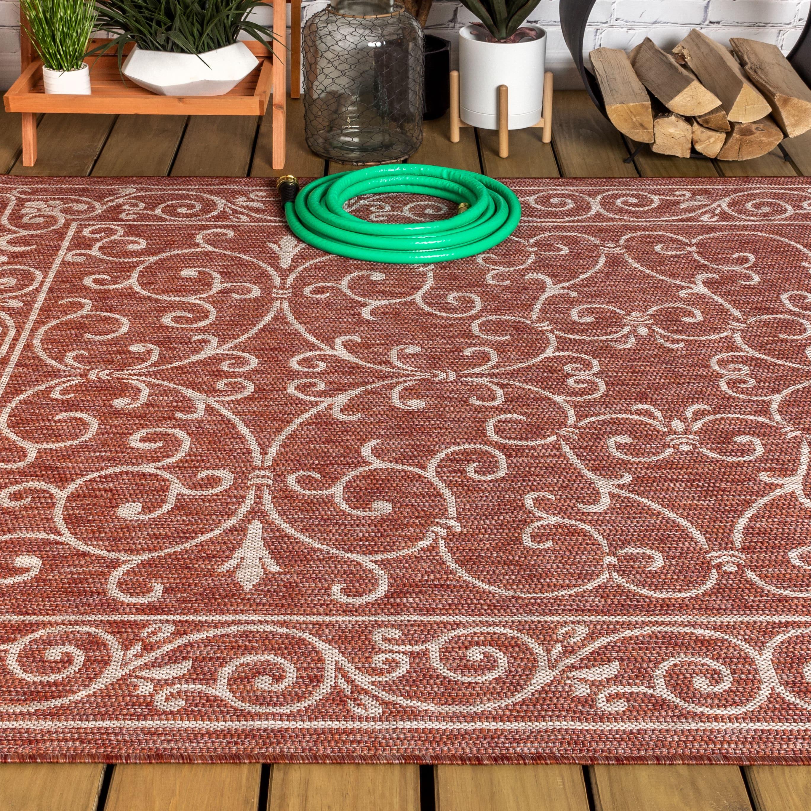 4'x6' Charleston Vintage Filigree Textured Weave Indoor/Outdoor Area Rug, Red/Beige - JONATHAN Y