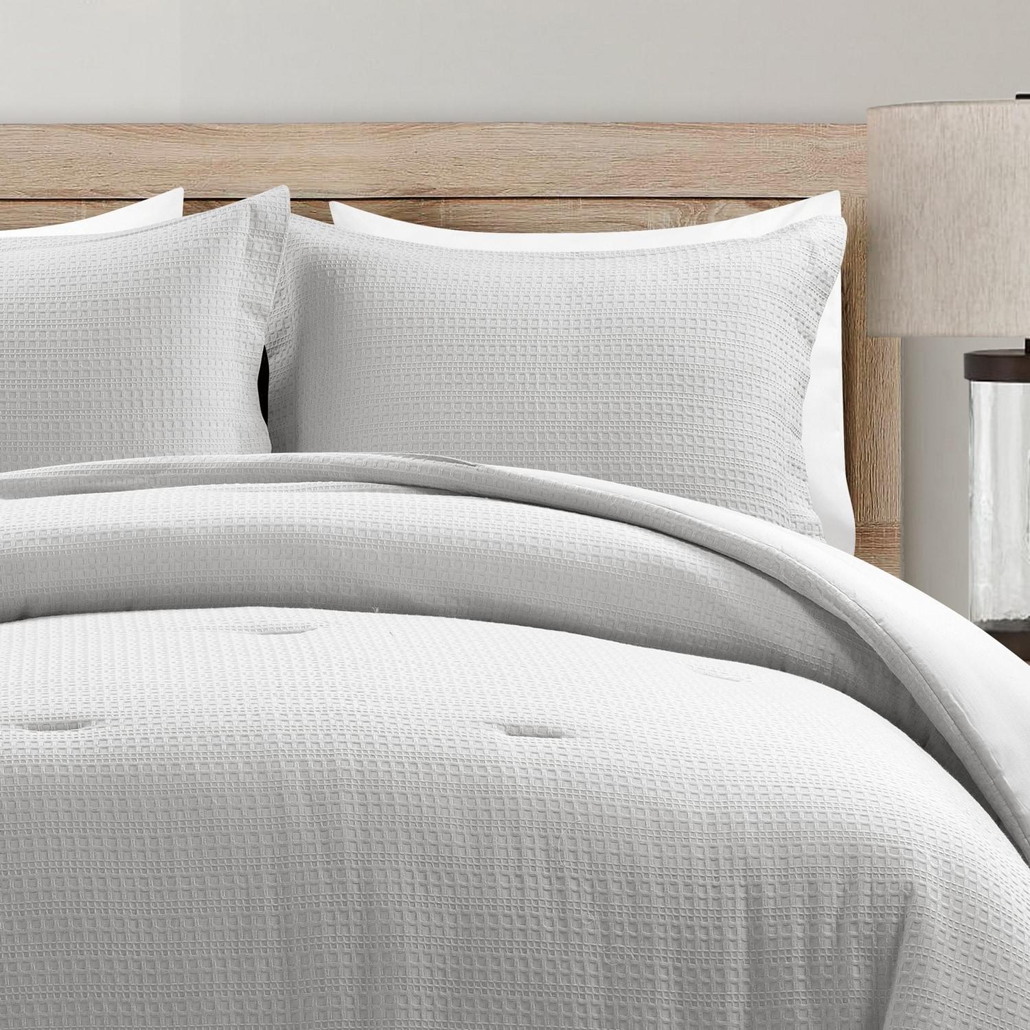 Lush Décor 3pc Full/Queen Haniya Solid Waffle Woven 100% Textured Comforter Set Gray: Includes Pillow Shams, Machine Washable