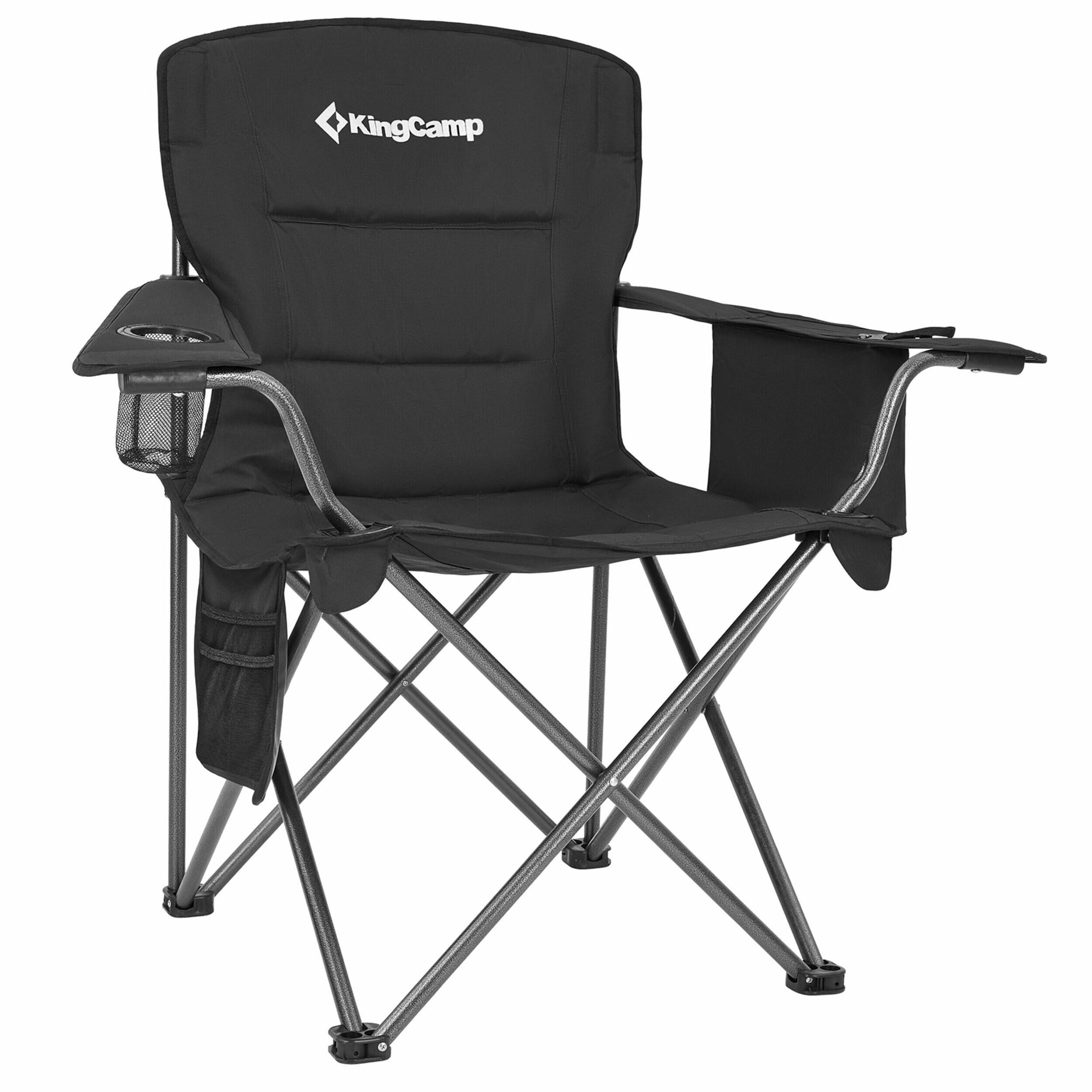 KingCamp Padded Portable Outdoor Folding Lounge Chairs with Built In Cupholder, Insulated Cooler Sleeve, and Side Storage Pocket, Black