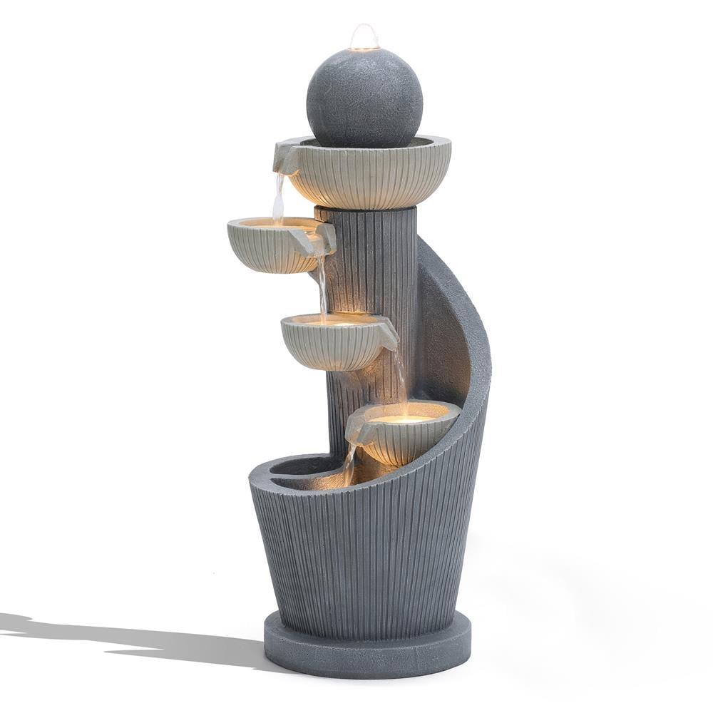 LuxenHome Gray Resin Spiral Sculpture with Bubbler 5-Tier Outdoor Fountain with Lights
