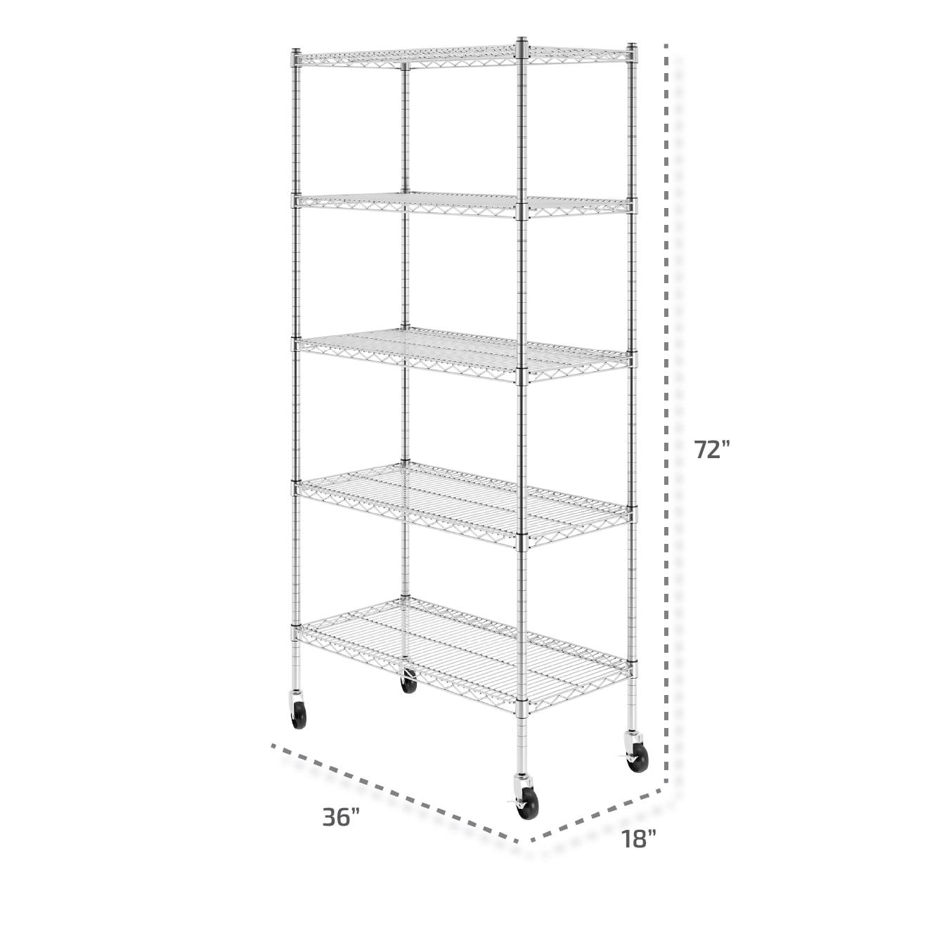 SafeRacks 18 x 36 x 72" 5 Tier Steel Wire Storage Shelving Rack w/Wheels, Silver