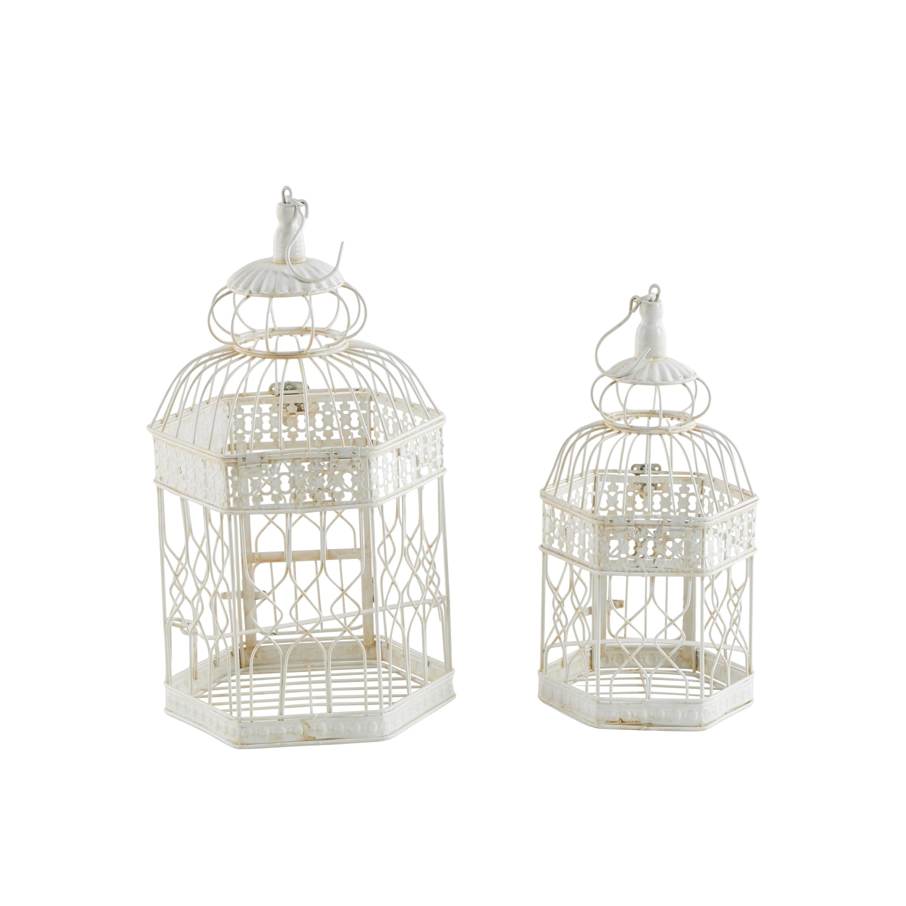 DecMode Cream Vintage Metal Birdcage with Crisscross Vertical Bars and Floral Embossed Design, Set of 2 21", 18"H