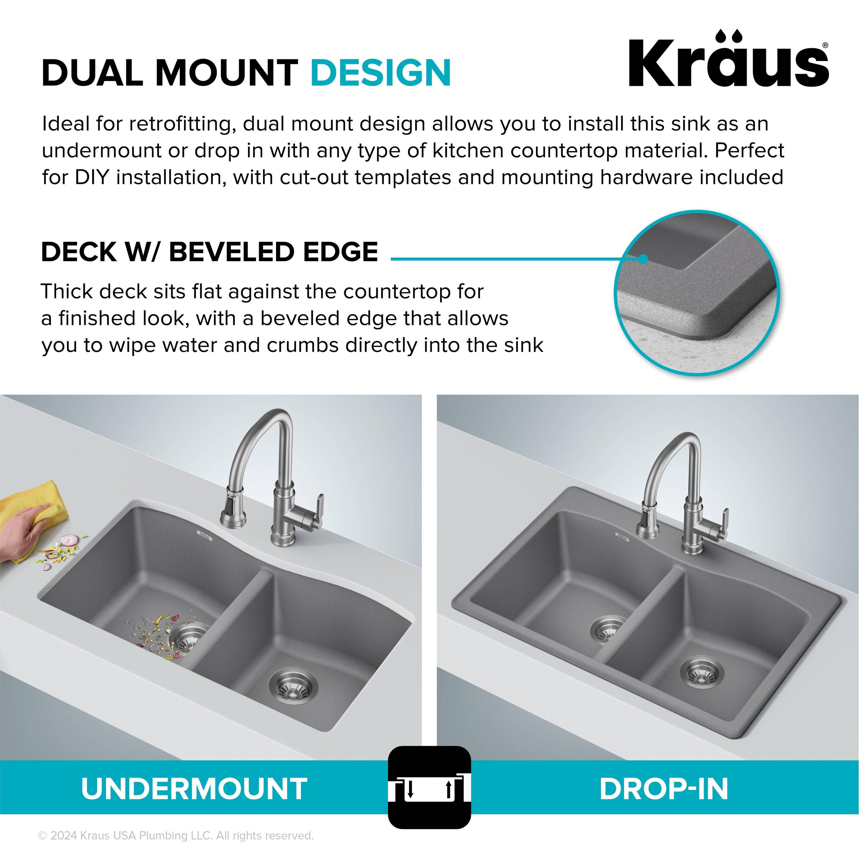 KRAUS Forteza™ 33" L Dual Mount 50/50 Double Bowl Granite Kitchen Sink