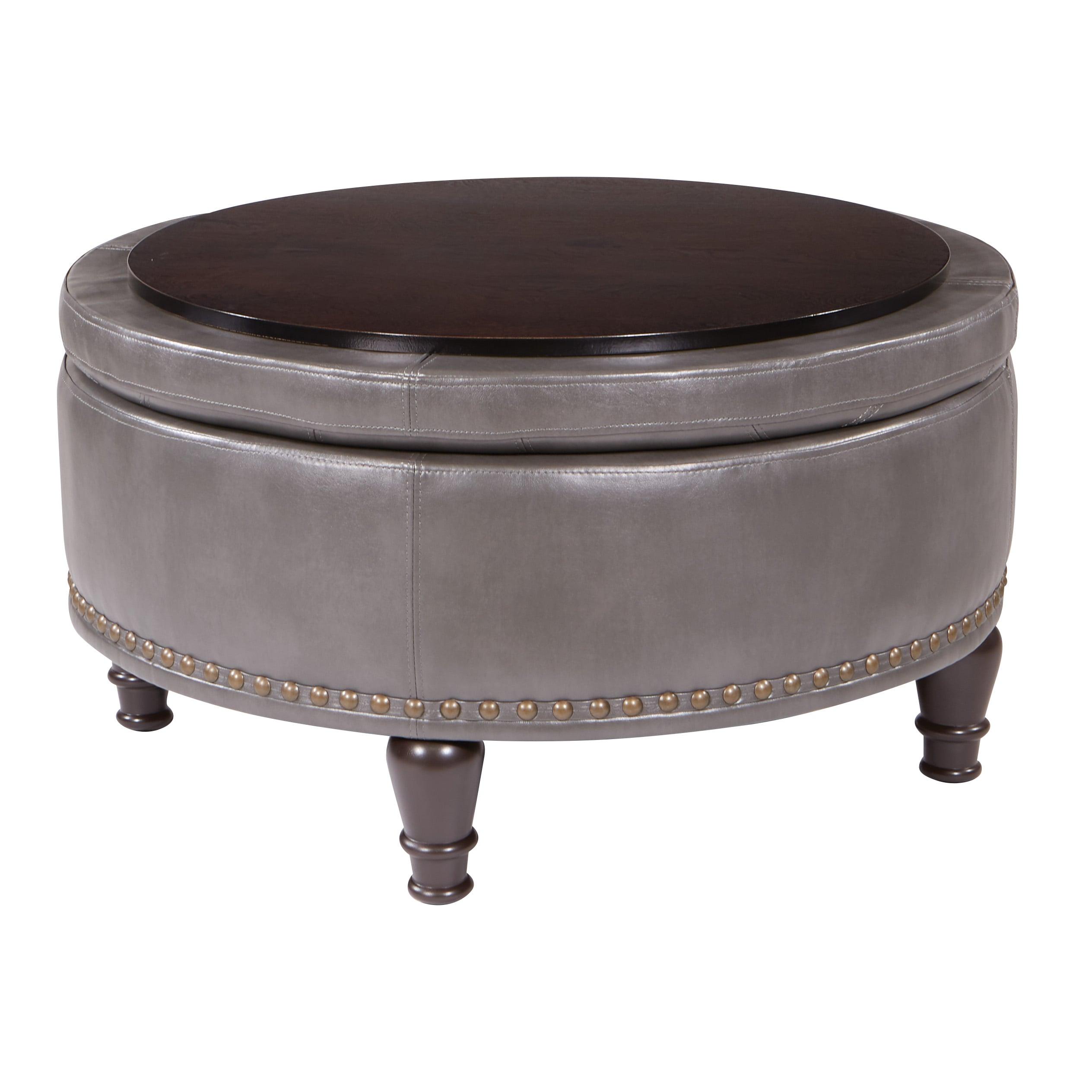 OSP Home Furnishings Augusta Round Storage Ottoman in Pewter Bonded Leather with decorative nailheads