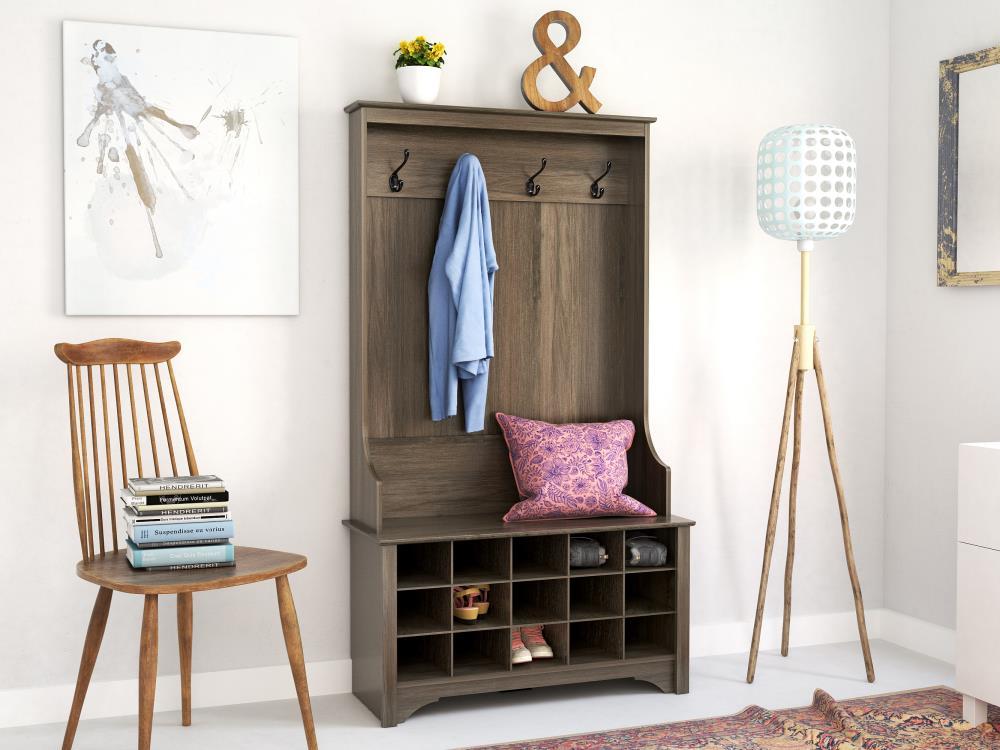 Prepac Hall Tree with Shoe Storage Drifted Gray : Entryway Organizer, Mudroom Bench, 4 Hooks, 15 Cubbies