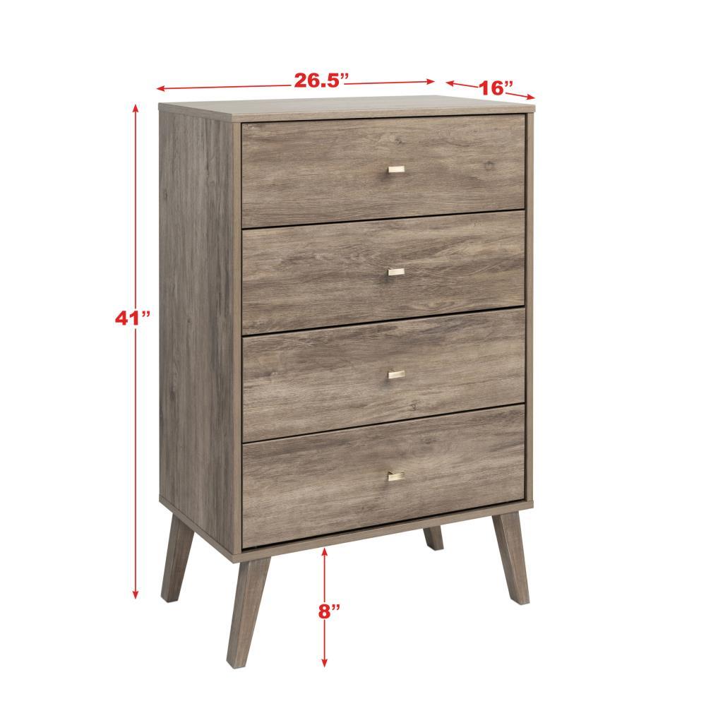 Mid-Century Modern 4 Drawer Chest Drifted Gray - Prepac: Sleek Bedroom Storage, Brass Knobs