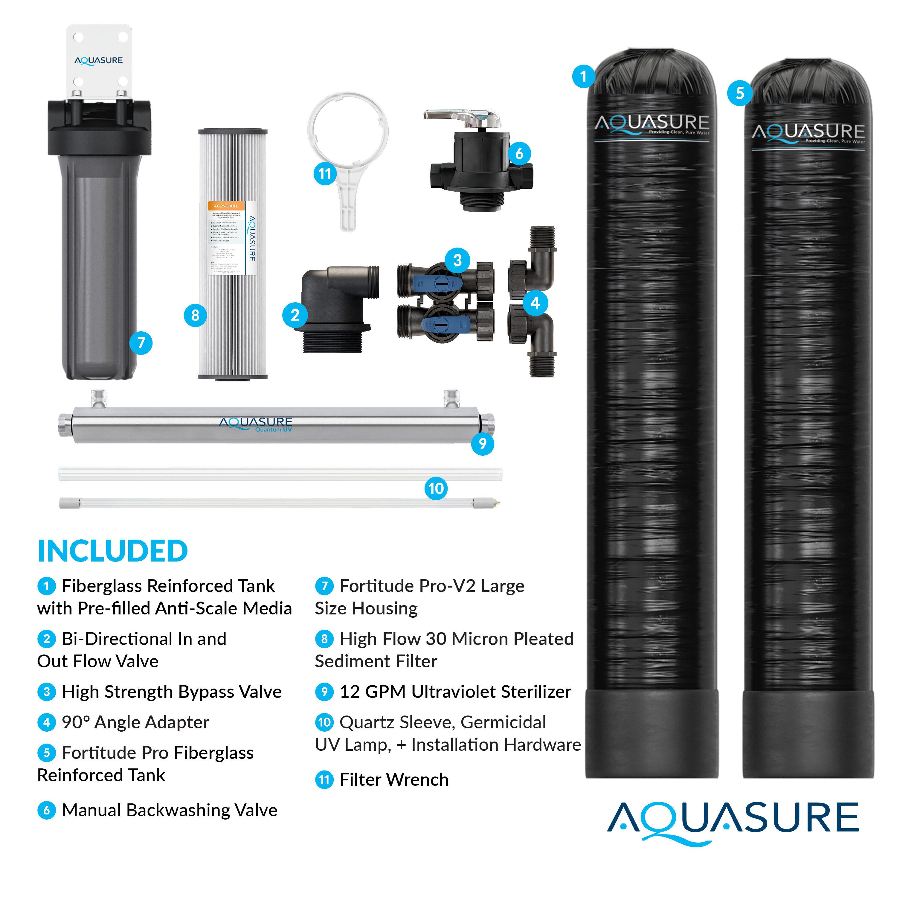 Aquasure 15 GPM Salt-Free Conditioning, Whole House Water Treatment System, Pleated Sediment Pre-Filter and UV Sterilizer