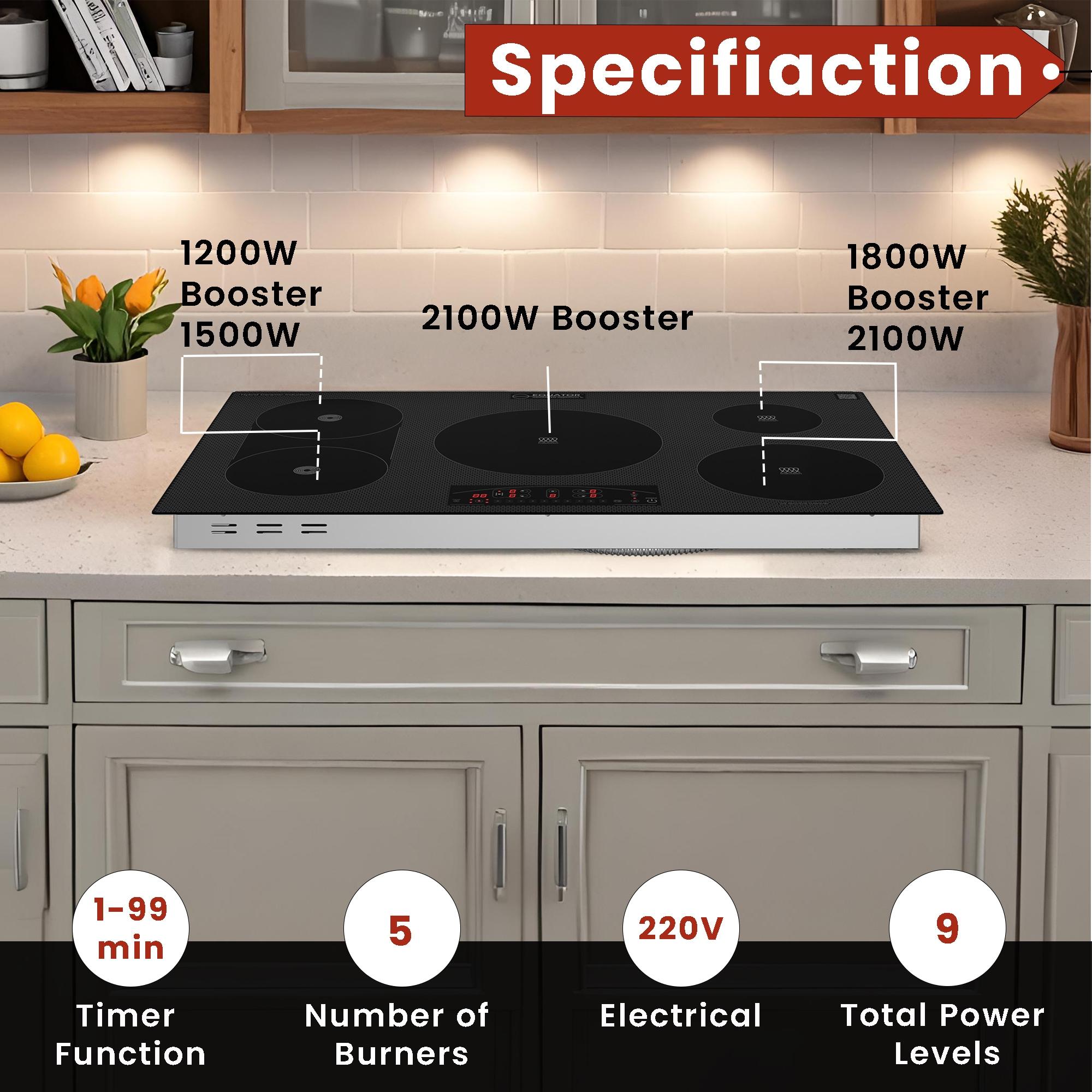 Equator Design 36" Electric Hybrid CERAMIC-INDUCTION 5 Burner Cooktop 220V