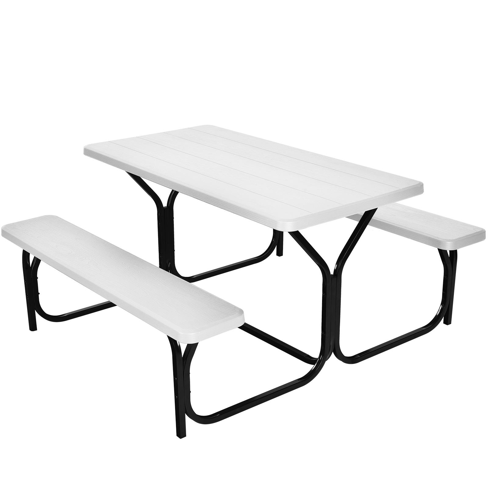 Tangkula Outdoor Picnic Table Bench Set Patio Camping Table w/Steel Frame & Wood Texture Tabletop for Garden White