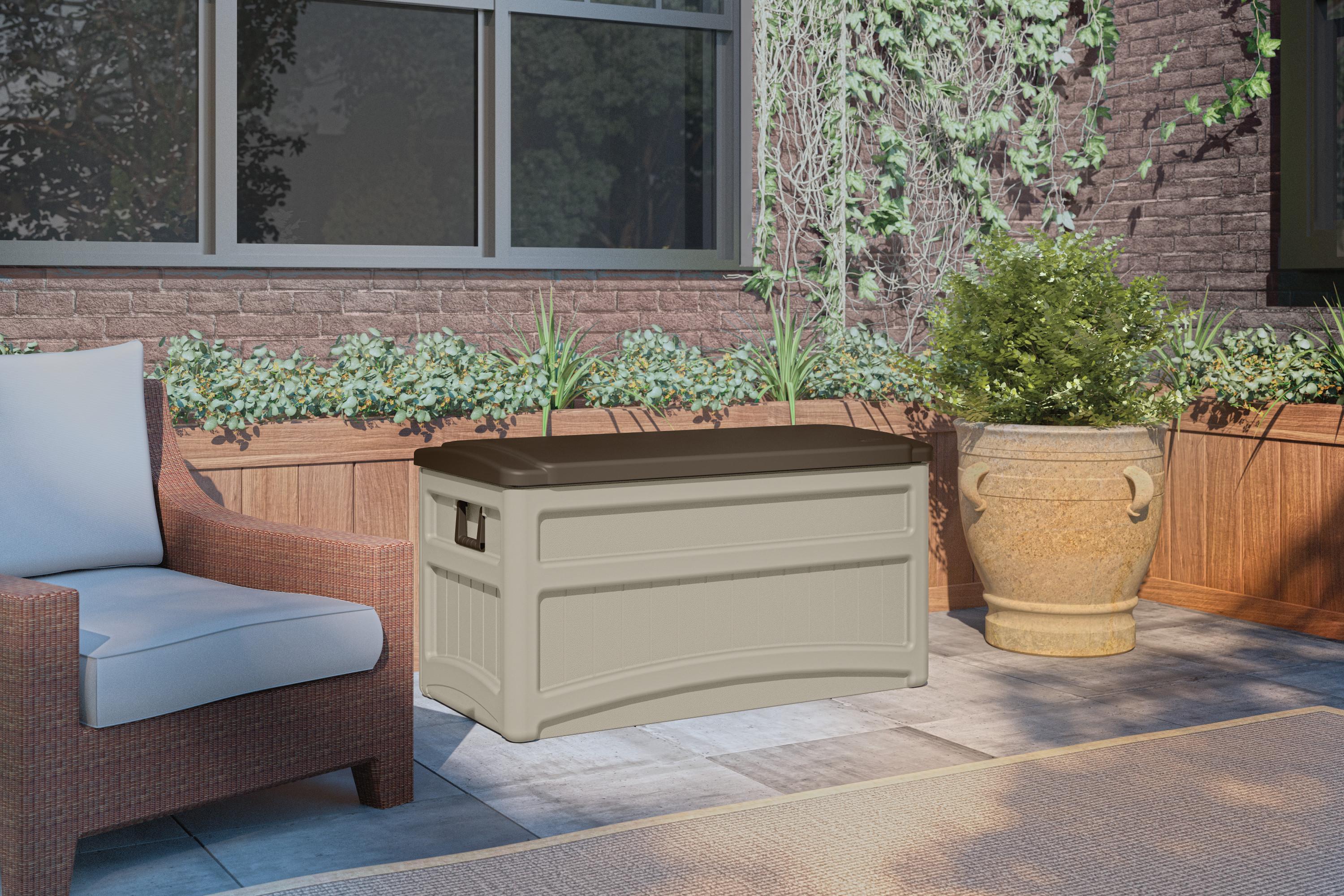Suncast Suncast 78 Gallon Water Resistant Resin Deck Box with Wheels in Light Taupe/Mocha