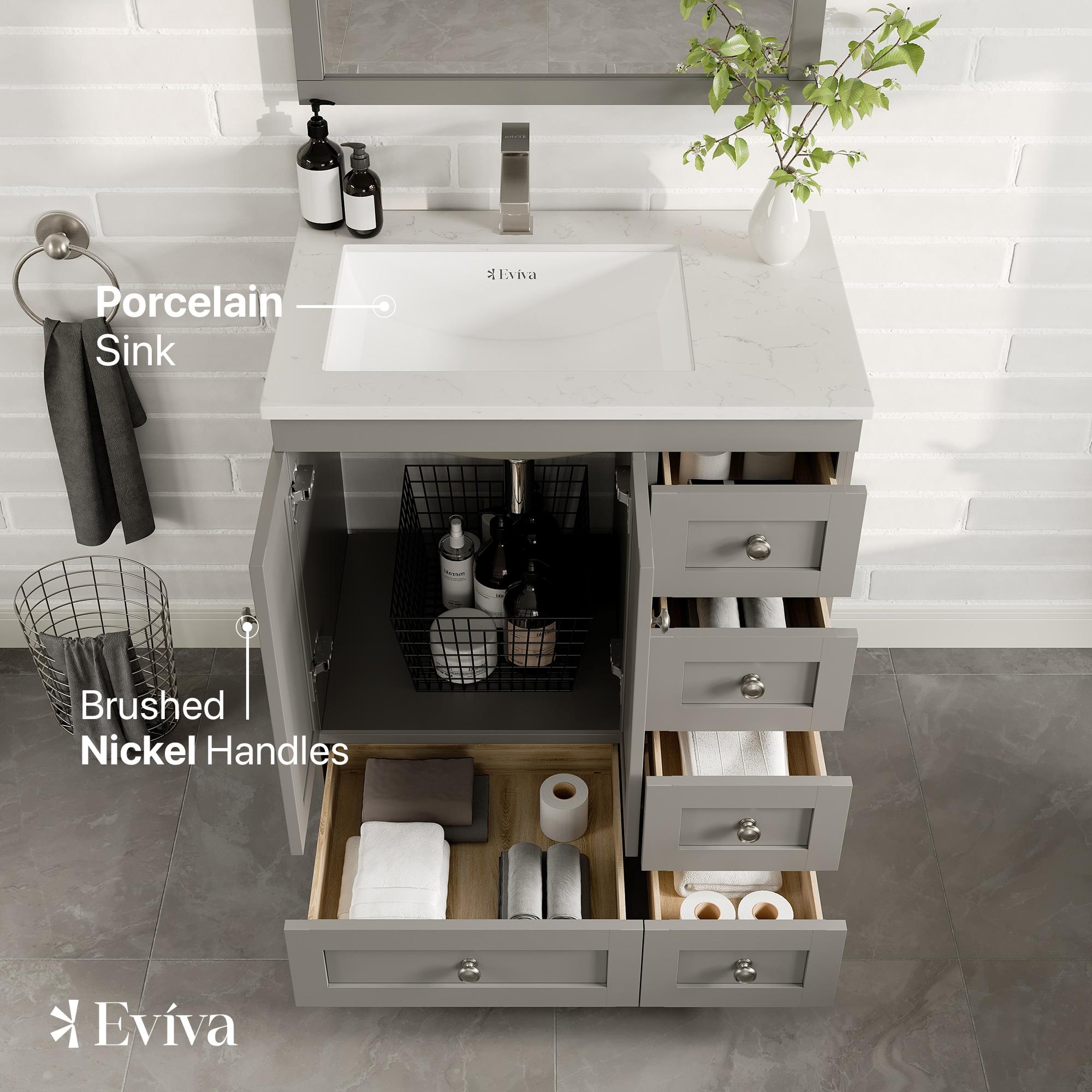 Eviva Happy 30" x 18" Transitional Gray Bathroom Vanity with White Carrara Marble Countertop