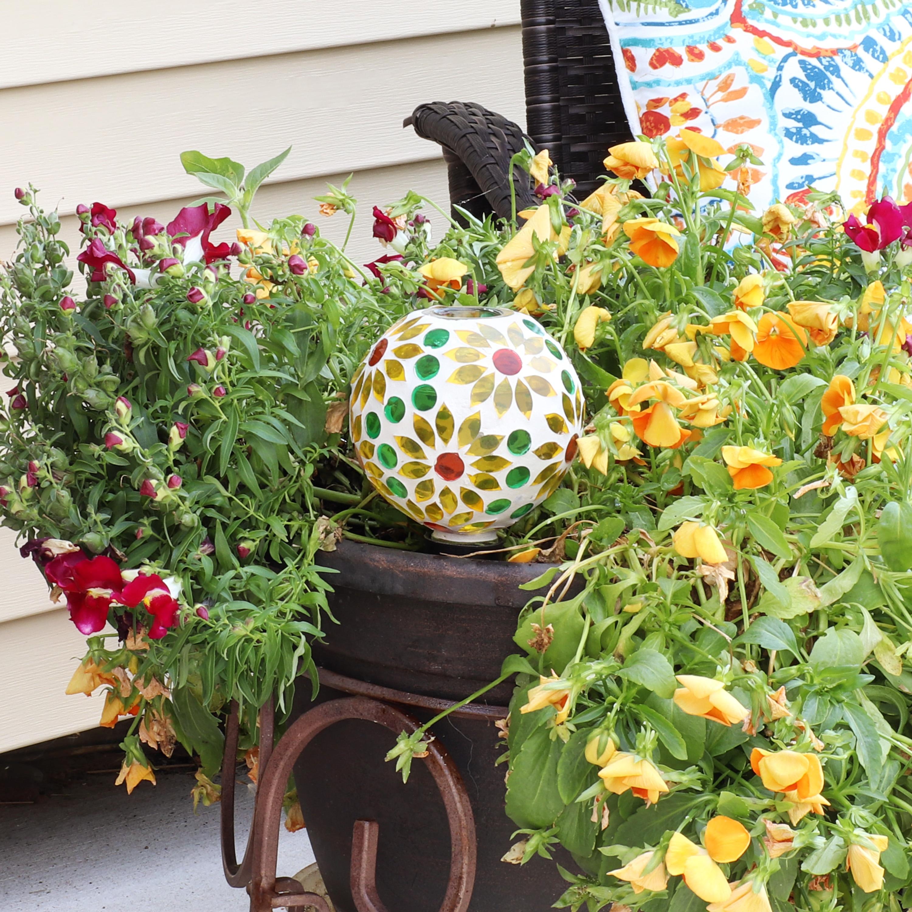 Sunnydaze Outdoor Mosaic Glass Watering Globe with Clay Spike for Planters - 9.5" - Bright Blooms