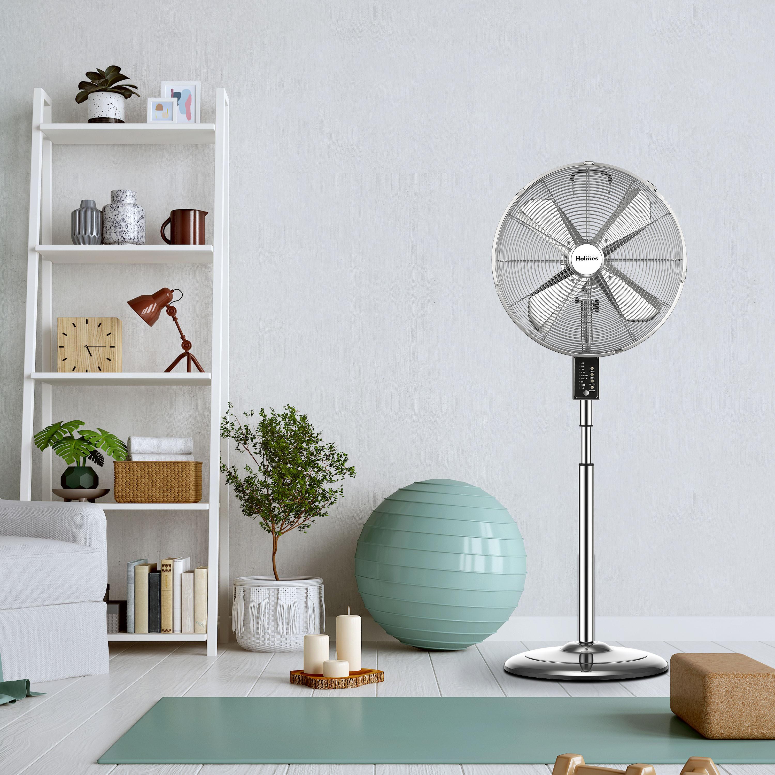 Holmes 16” Digital Oscillating Metal Stand Fan, 3 Speeds, Adjustable Height, Remote Control, Chrome