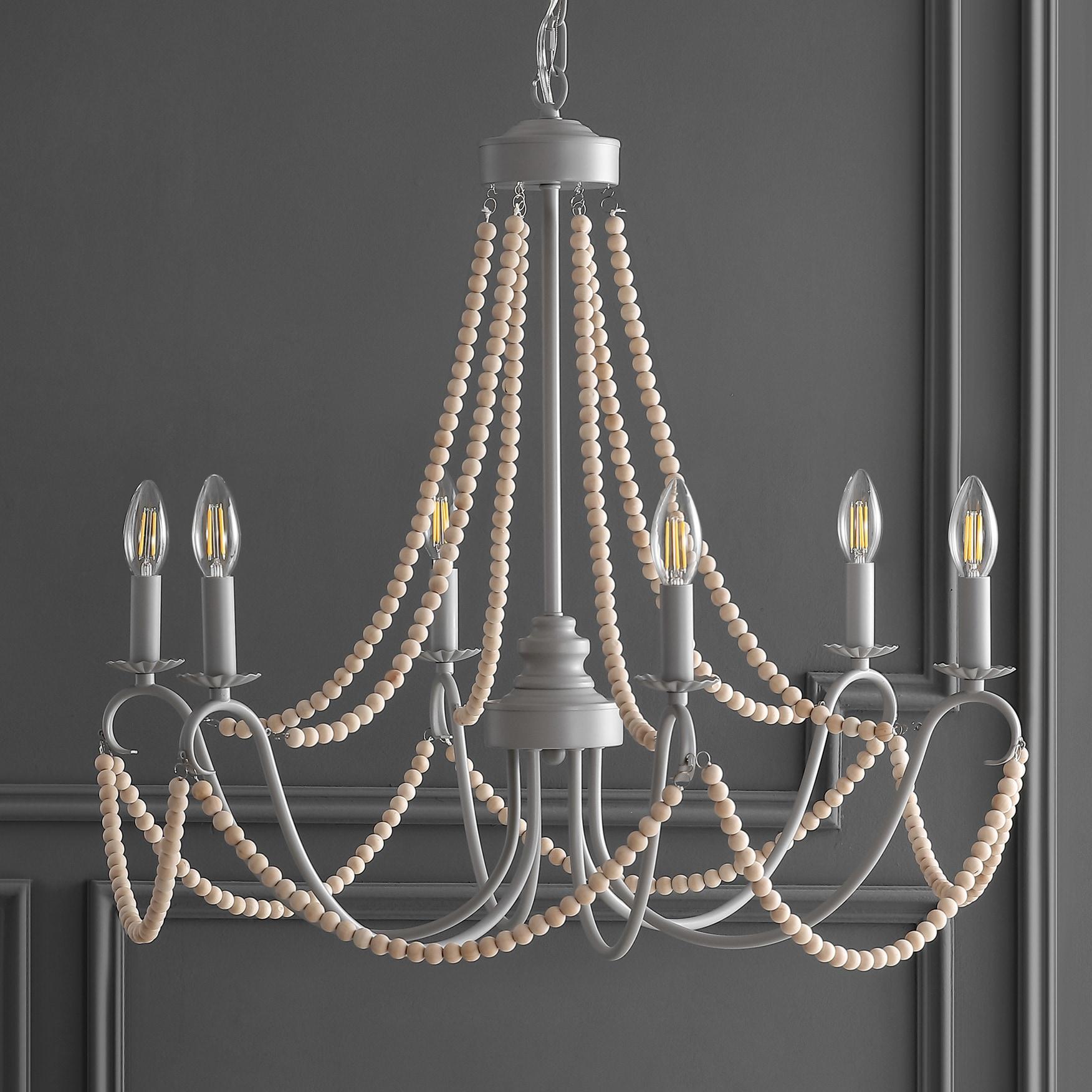 Rustica 6-Light 27" Adjustable Greige Metal/Wood Bead LED Chandelier, Grey/Natural