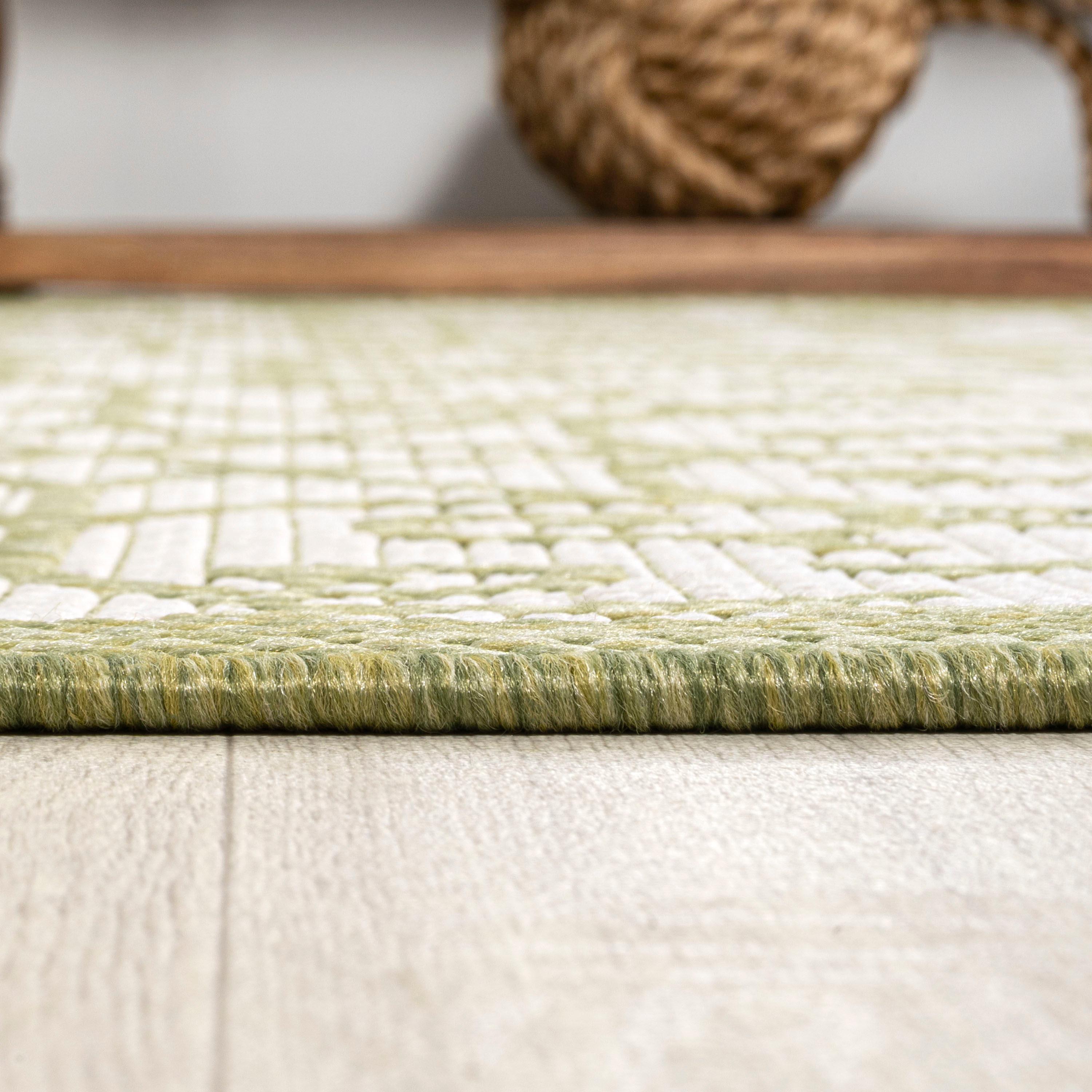 2' x 10' Madrid Vintage Filigree Textured Weave Indoor/Outdoor Runner Rug, Green/Cream - JONATHAN Y