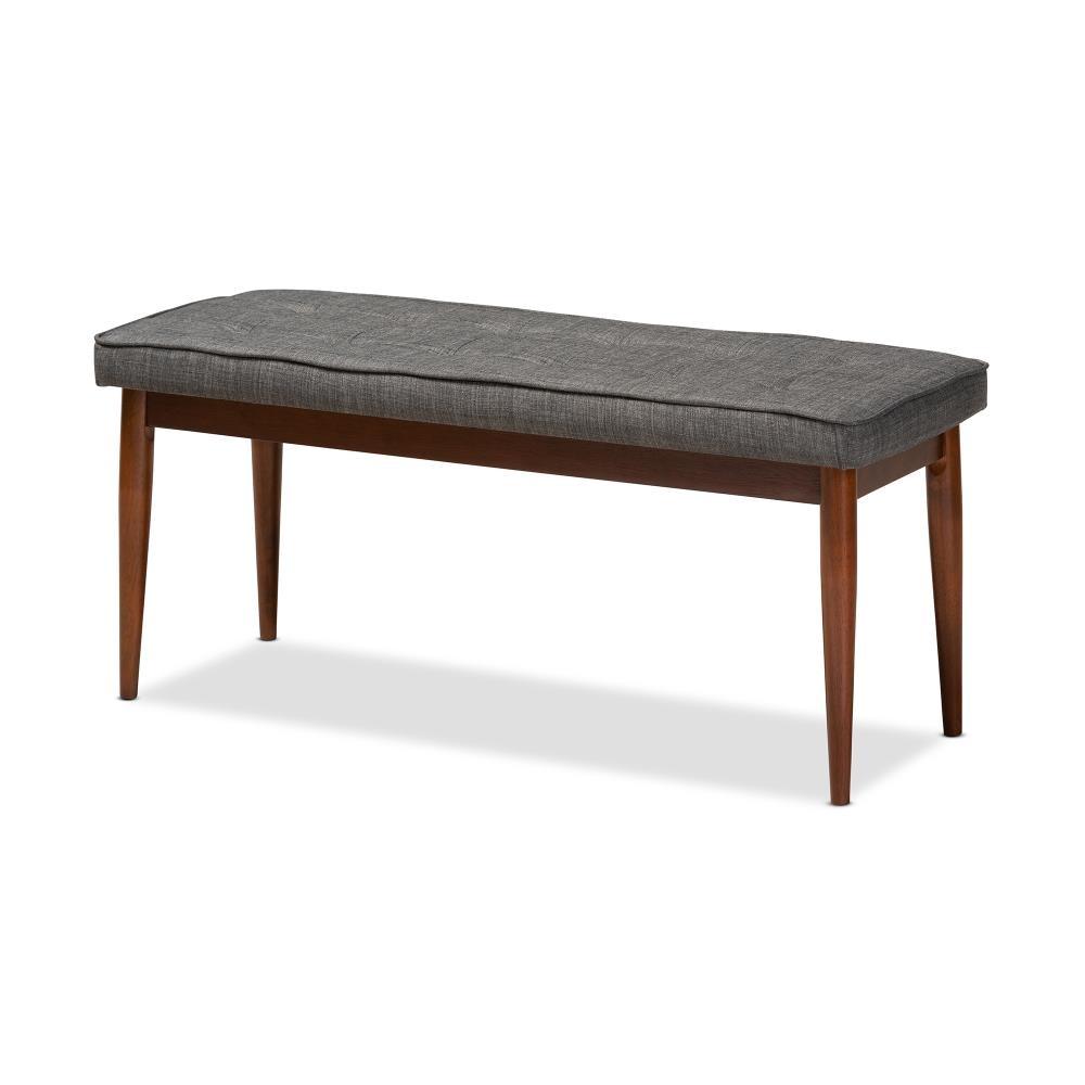 George Oliver Ayala Mid-Century Modern Dining Bench with Medium Oak Finish and Dark Grey Fabric Upholstery