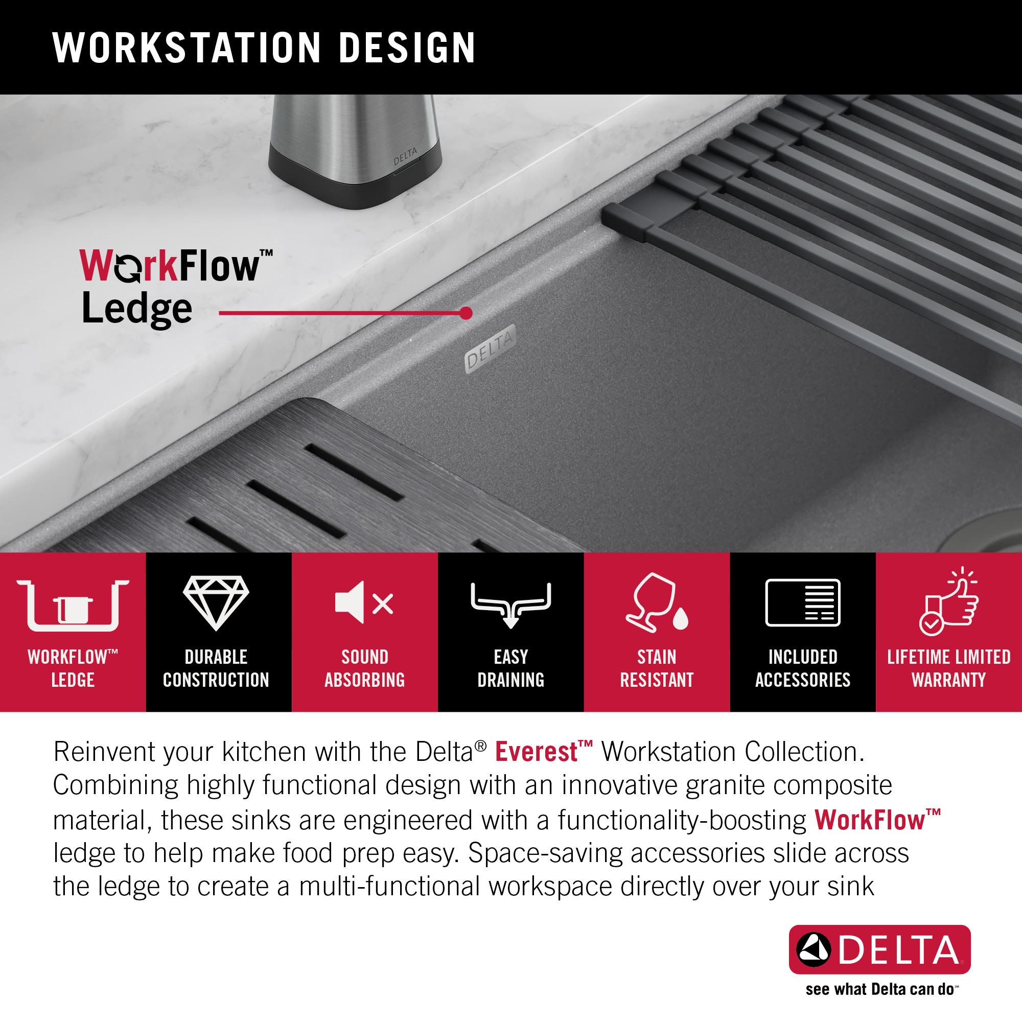 DELTA Everest™ 32" L Granite Composite Workstation Kitchen Sink Undermount Single Bowl with WorkFlow™ Ledge