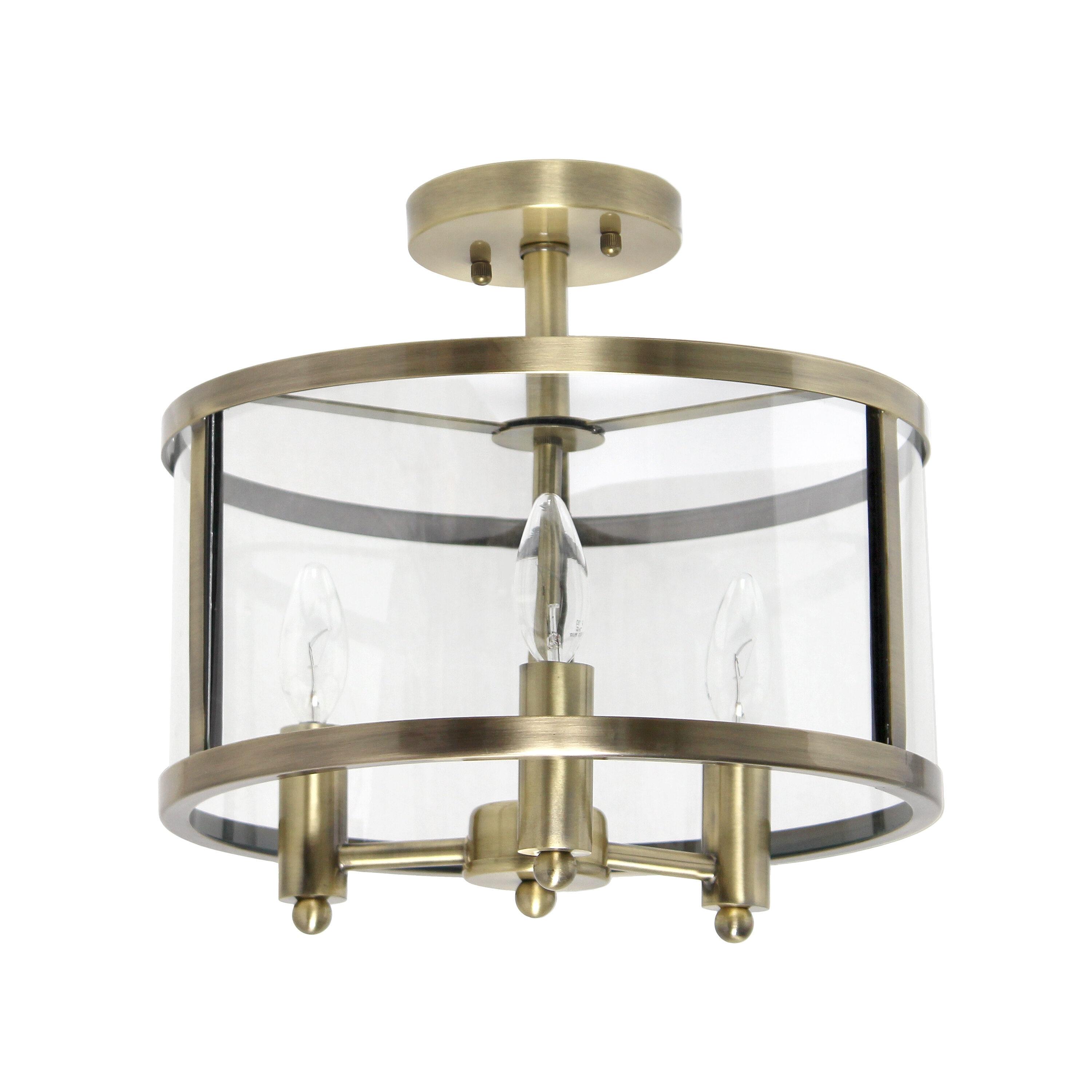 3-Light 13" Industrial Farmhouse Glass/Metallic Accented Semi-flushmount Ceiling Light Brass - Lalia Home: UL Listed, Metal Body, E12 Base