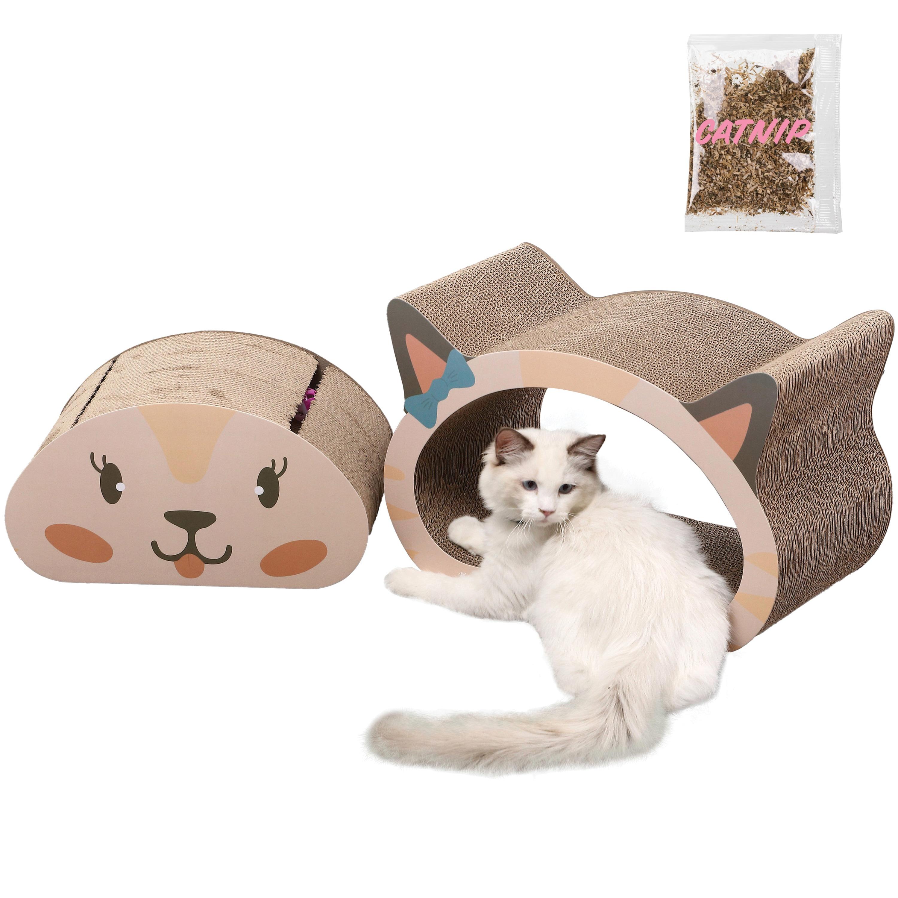 THE LICKER STORE Opal 19" Modern Cardboard Happy Cat Head 2-in-1 Cat Cave Scratcher with Built-In Bell Toys and Catnip, Cream/Peach