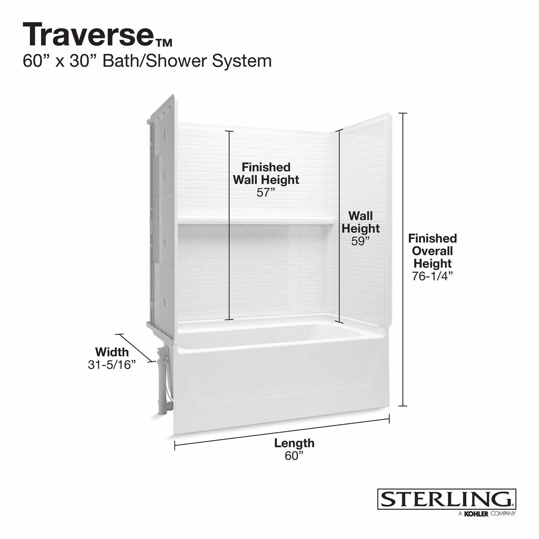 Sterling Traverse 30-in W x 60-in L x 75-in H White 4 -Piece Bathtub Shower Combination Kit (Right Drain) with Tub and Wall Included