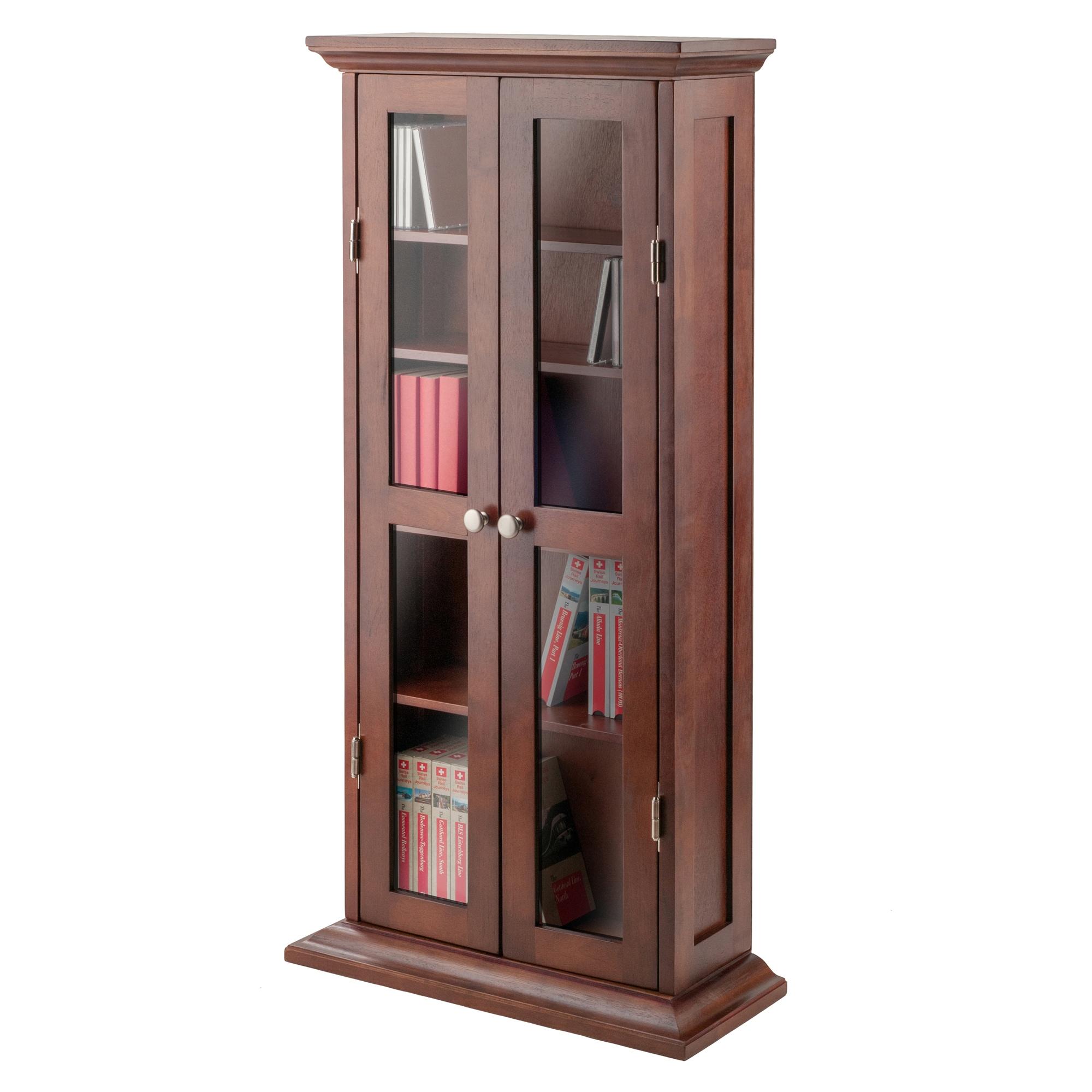 Dvd-Cd Cabinet - Antique Walnut - Winsome: Multimedia Storage, Glass Doors, 5 Adjustable Shelves