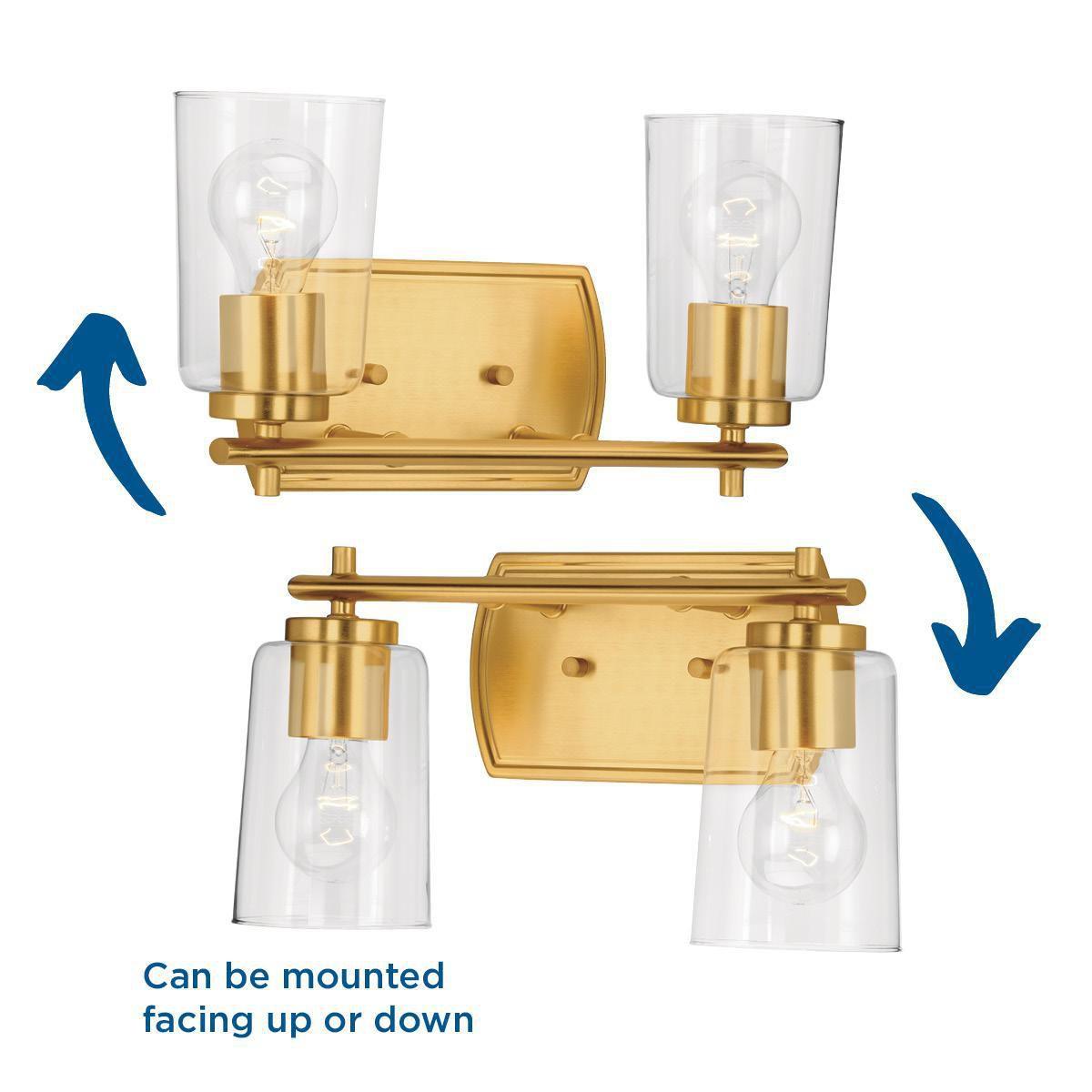 Progress Lighting Adley 2-Light Bath Vanity in Satin Brass with Clear Glass Shades
