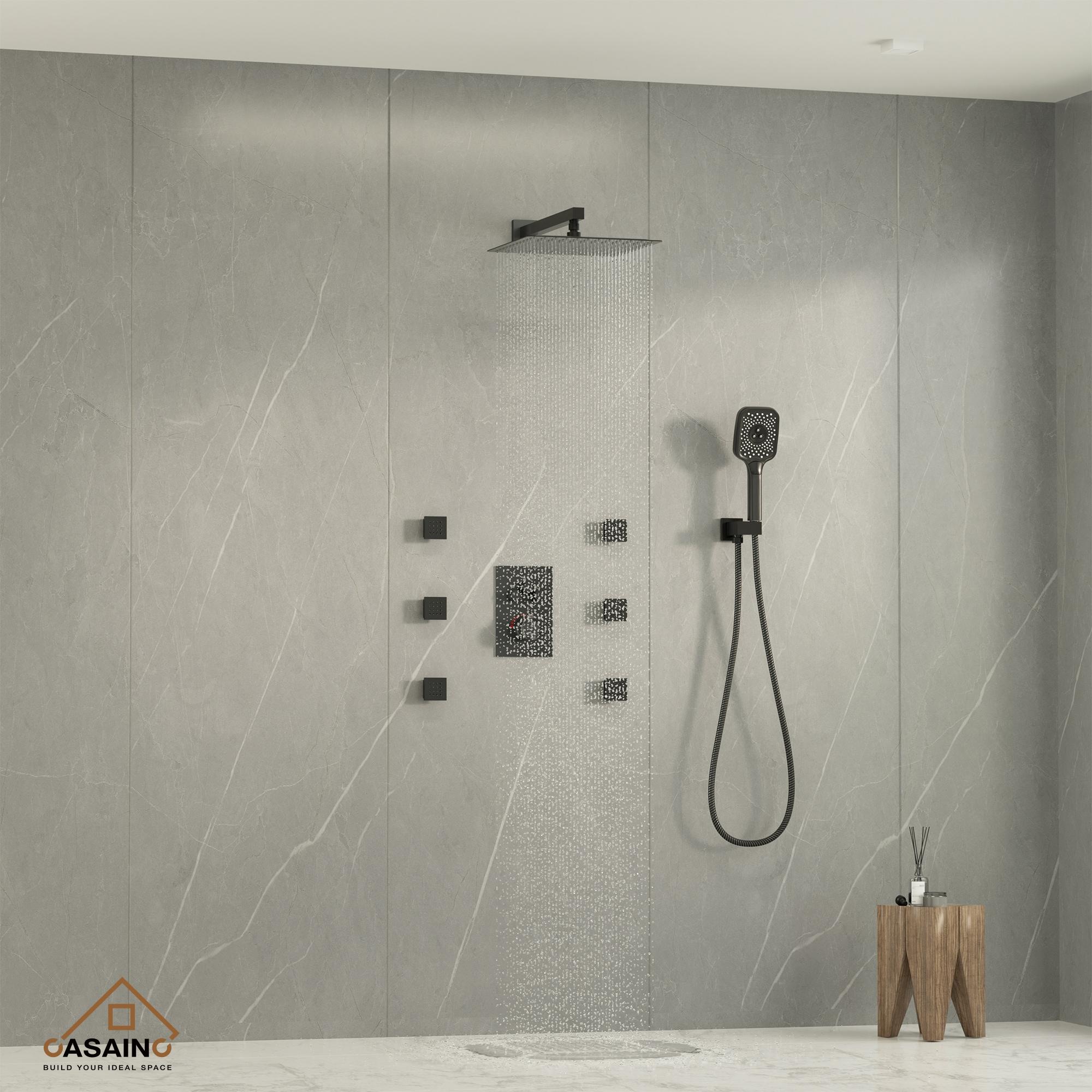 Rainfall Symphony 12inch 3-Function Dual Shower Head Thermostatic Shower System with 3 Sprays Handheld