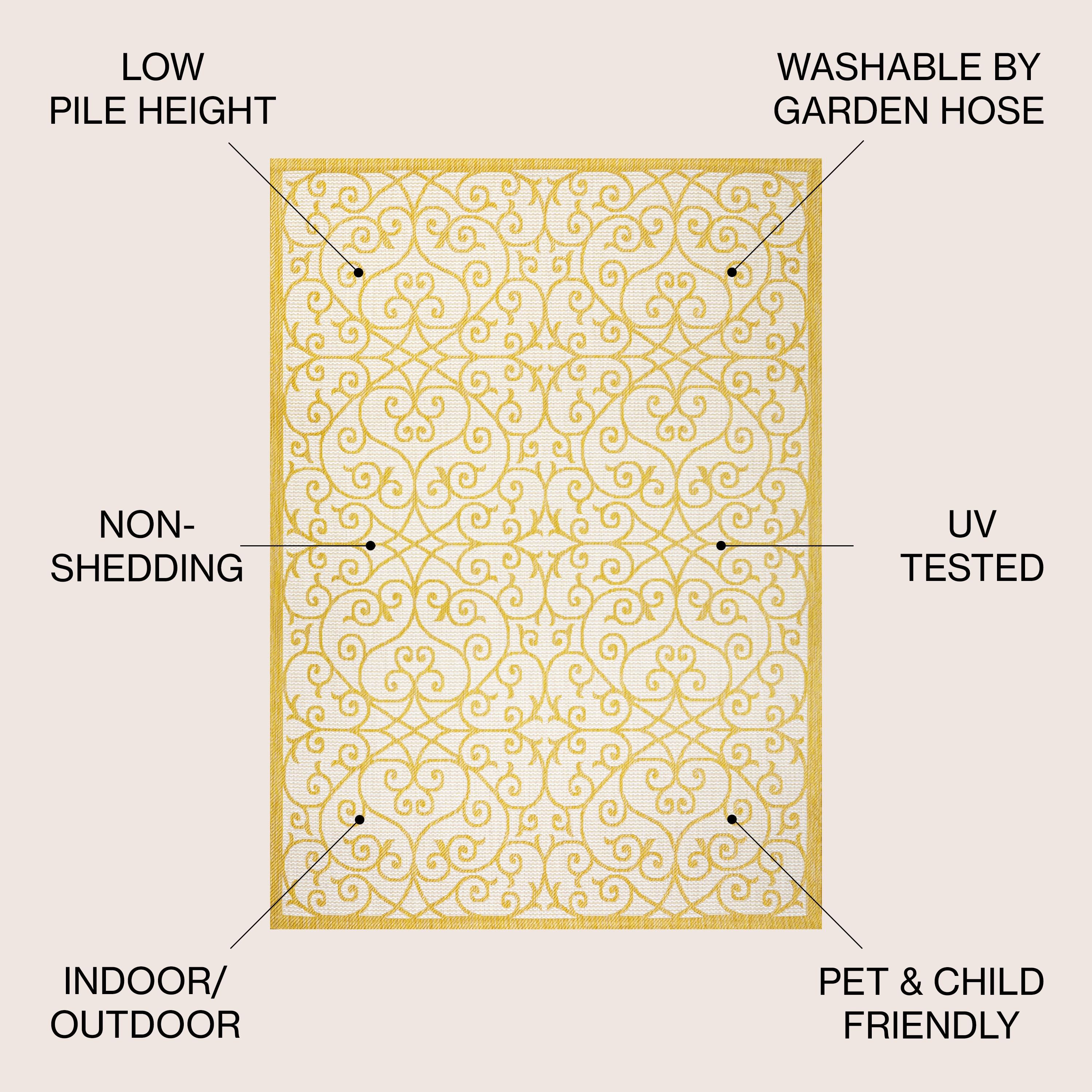 5' x 5' Madrid Vintage Filigree Textured Weave Indoor/Outdoor Area Rug, Cream/Yellow - JONATHAN Y