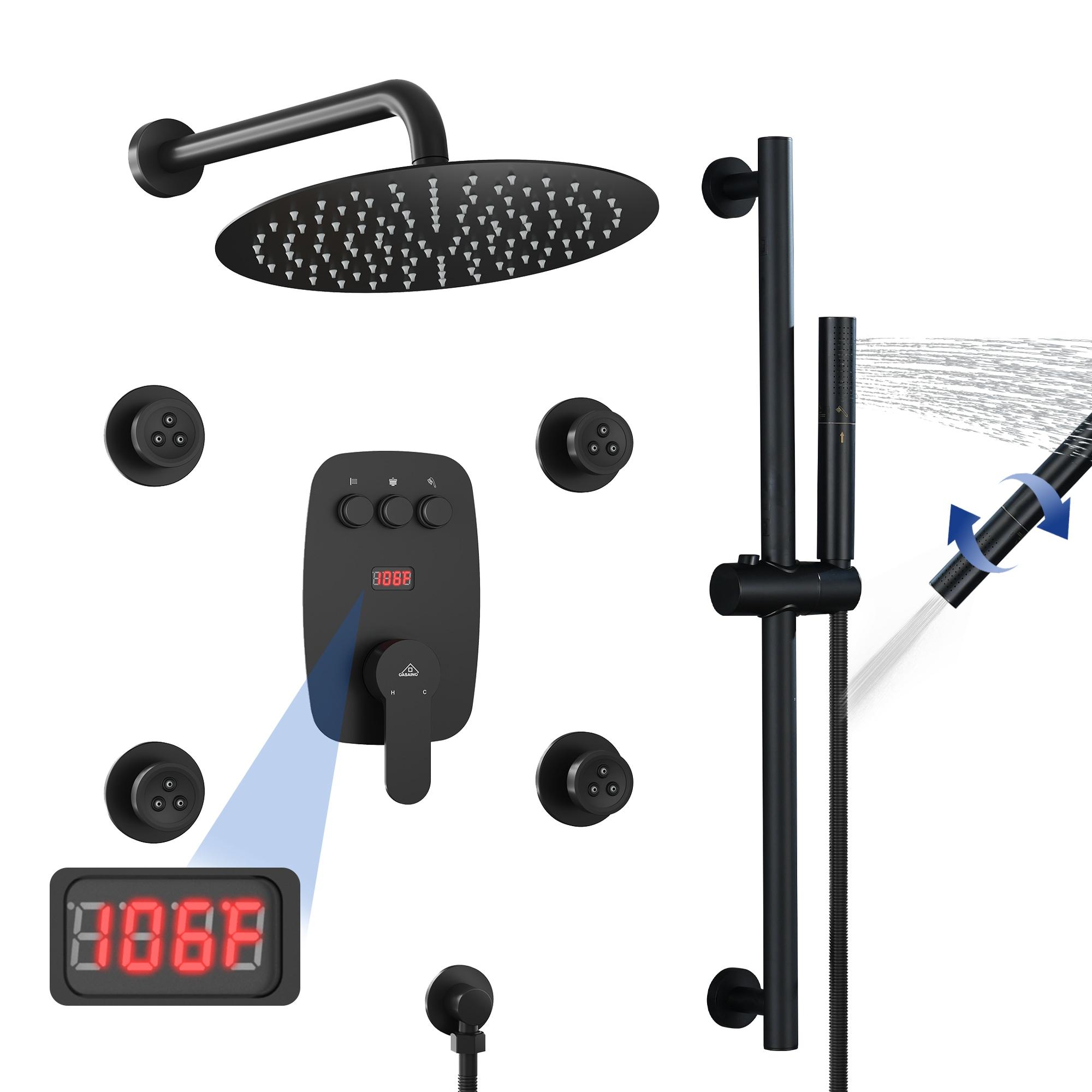 3-Function 12 Inch Temperature Digital Display Shower System With 2-Setting Slider Bar Handheld And 4Pcs Body Jets