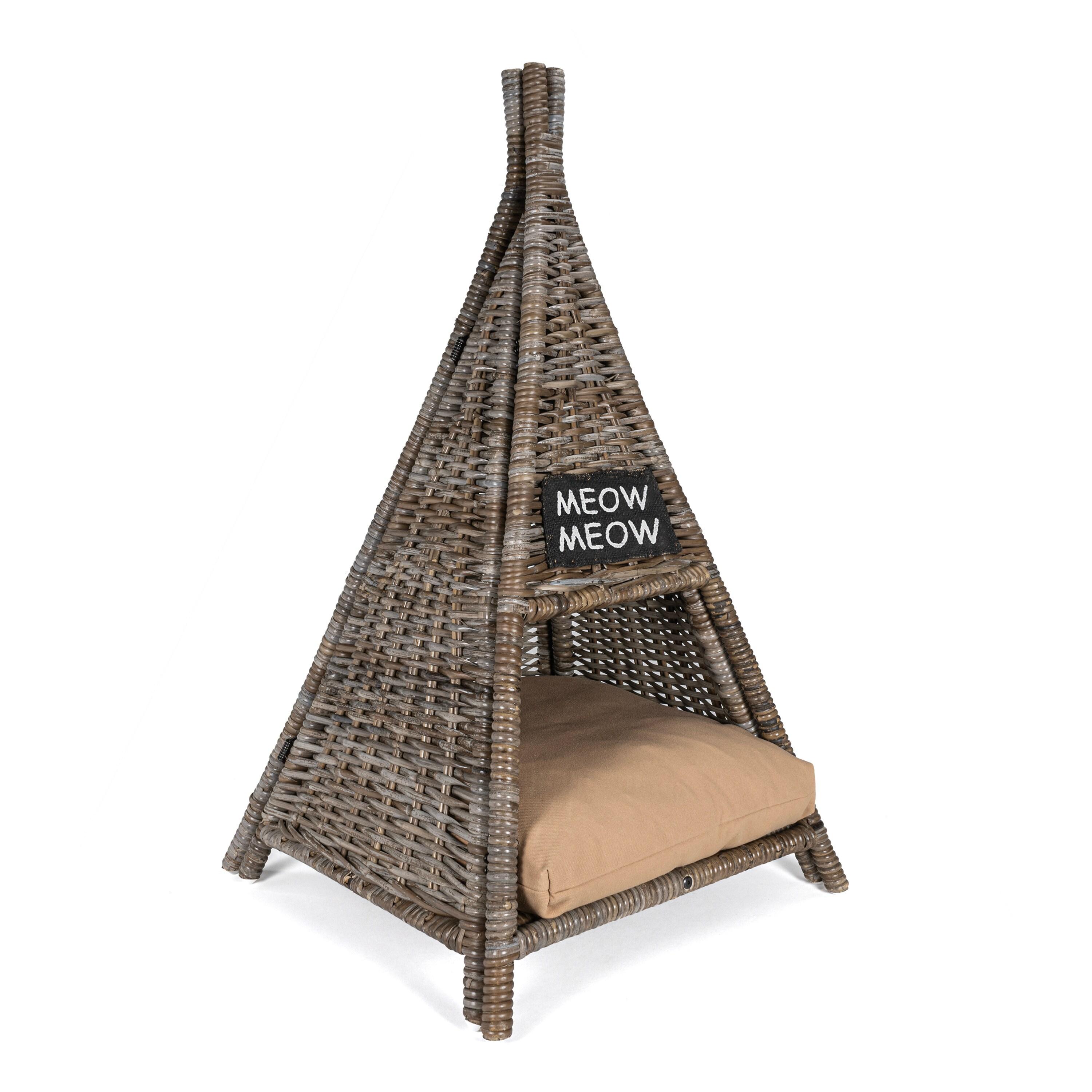 Tiki Tent 20" x 20" Coastal Handwoven Rattan Cat Bed with Machine-Washable Cushion, Kubu Gray