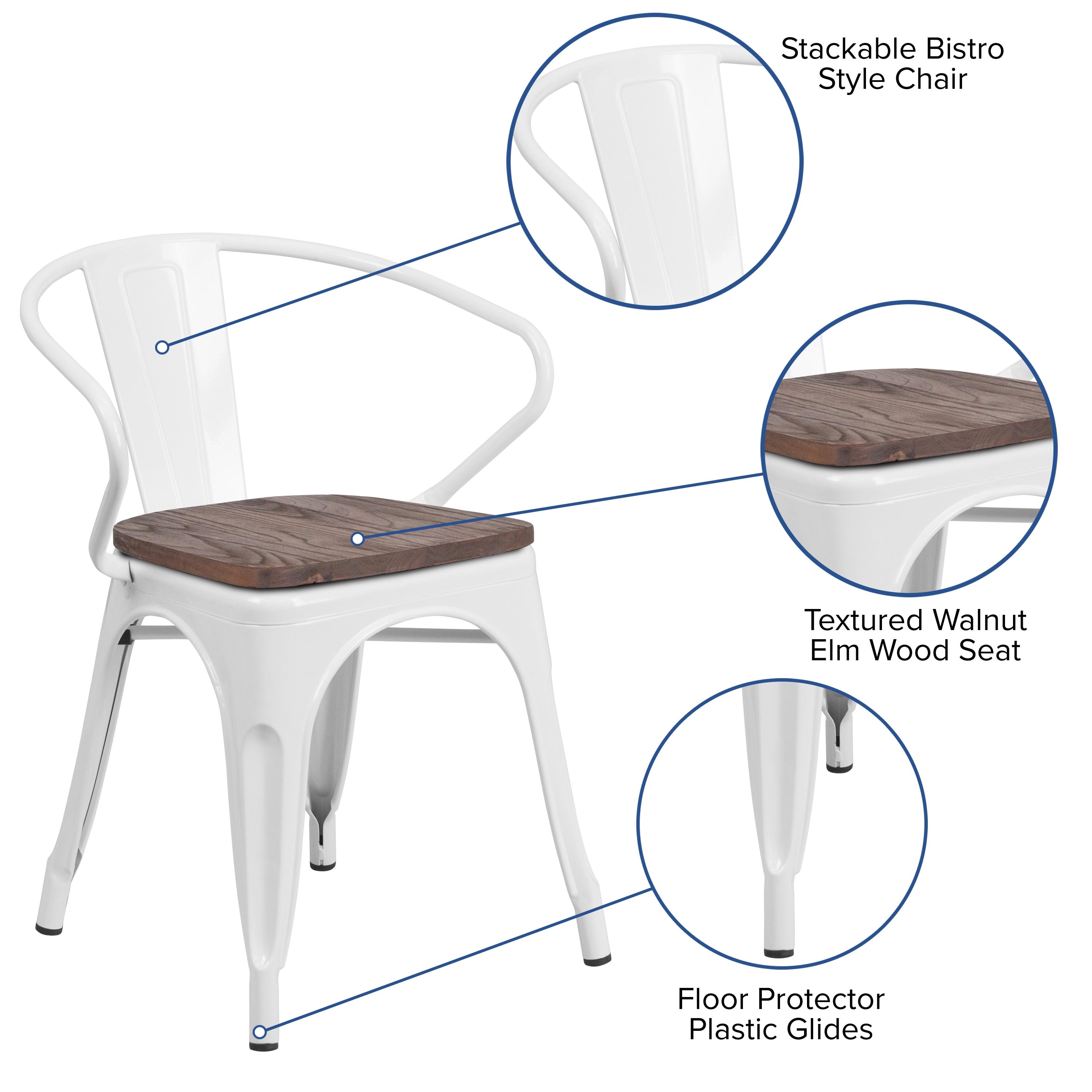 Flash Furniture White Metal Chair with Wood Seat and Arms