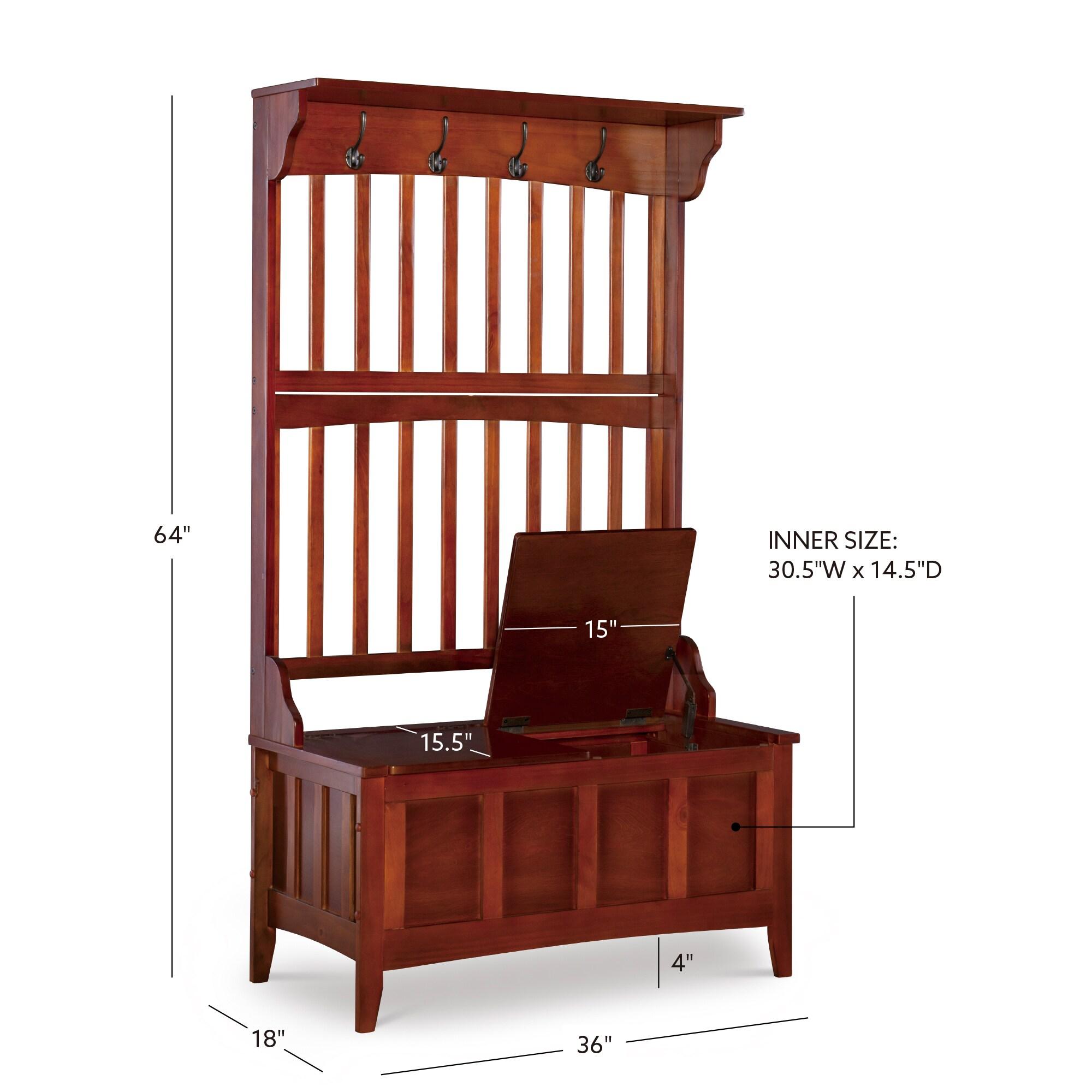 Misson Traditional 4 Double Hooks Storage Bench Top Shelf Hall Tree Walnut Finish - Linon: Entryway Organizer, Flip-up Seat