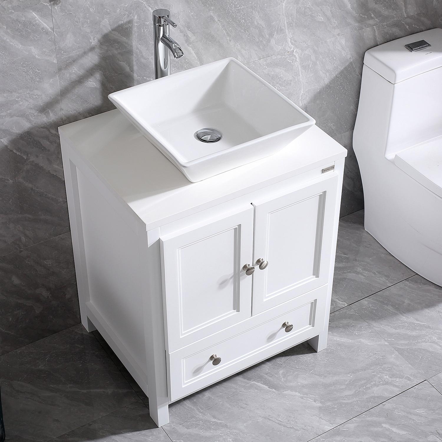 24 Inch Bathroom Vanity with Sink, Single Sink Bathroom Vanity, Modern Small Bathroom Vanity Cabinet with Mirror Sink Drain Faucet Set, White