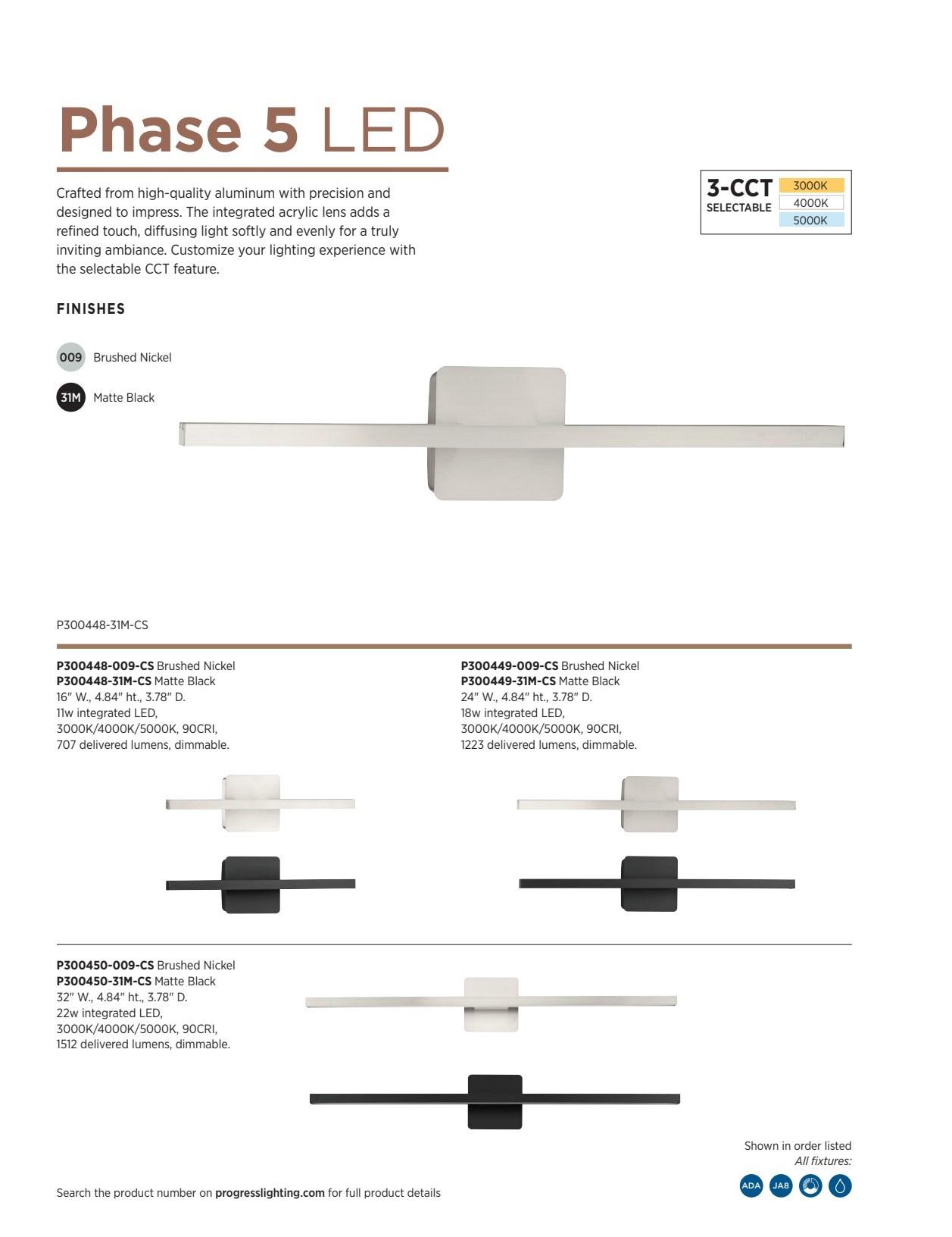 Progress Lighting Phase 4 1-Light LED Linear Vanity Light, Brushed Nickel, Rectangular Acrylic Shade